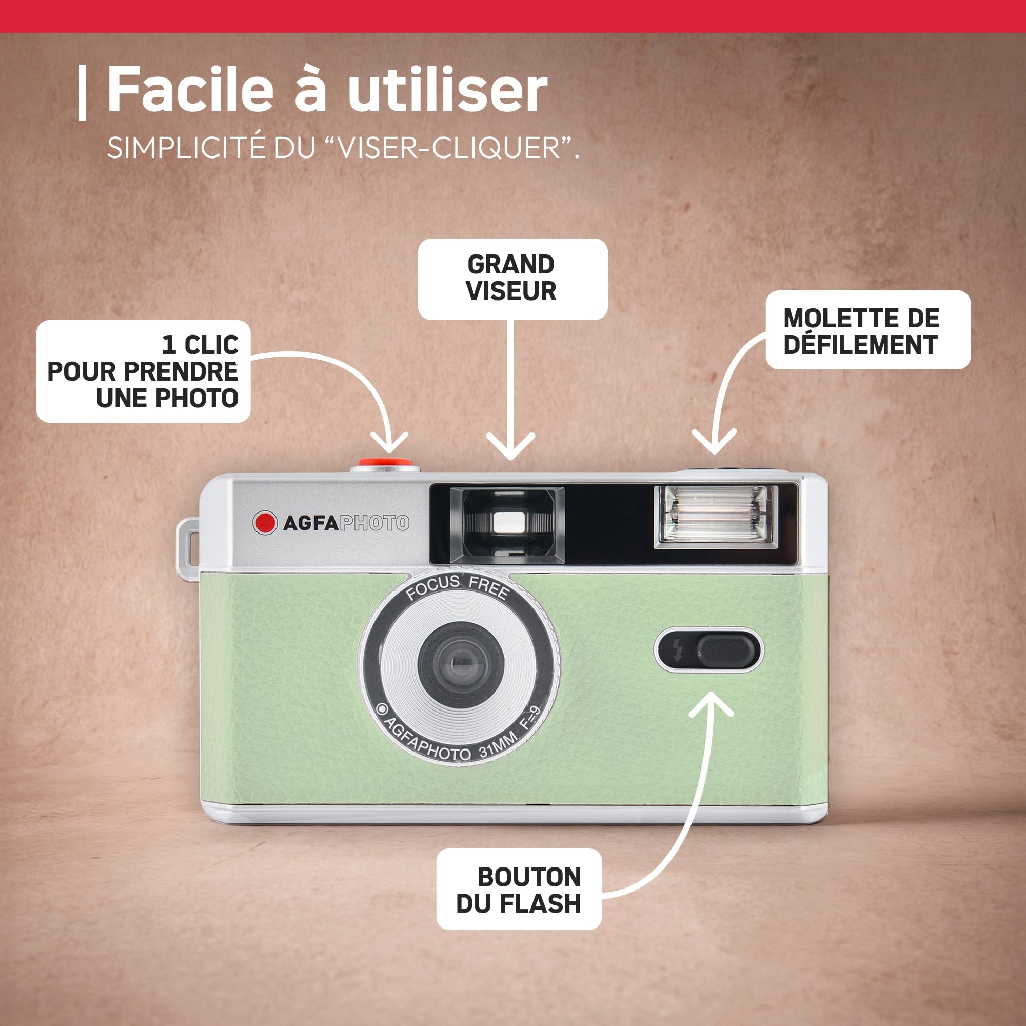 AGFAPHOTO - Appareil Photo Argentique 35mm – Objectif 31 mm F9, Flash Intégré, Mise au Point Fixe, Compatible Pellicules ISO 200/400/800 – Étui et Dragonne Inclus - Beige