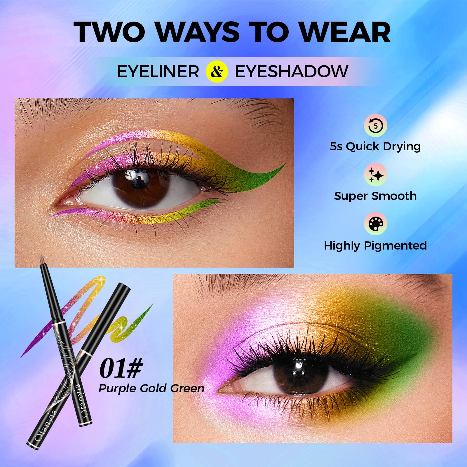 Ofanyia Multichrome Gel Eyeliner Pencil, Metallic Shimmer, Intense Color Shifting, Waterproof Smudge Proof, Purle Gold Green - Image 4