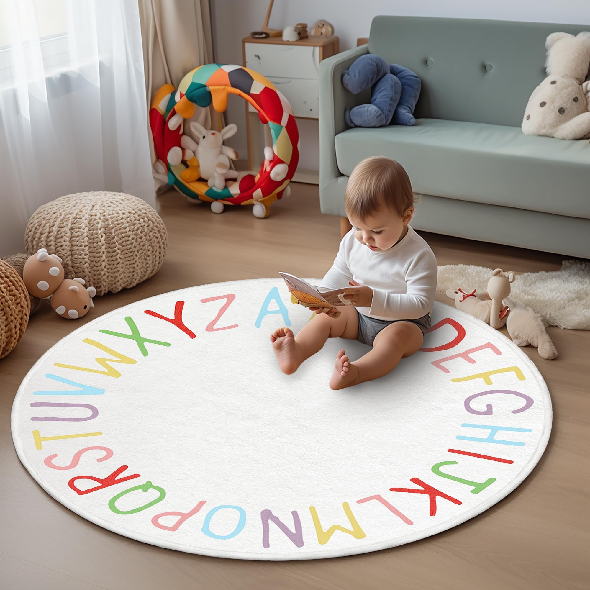 Offizon Round Soft and Fluffy Area Rug, 120x120 cm Feet Beige Furry Smooth Indoor Decor, Carpets for Living Room Bedroom (Alphabet)