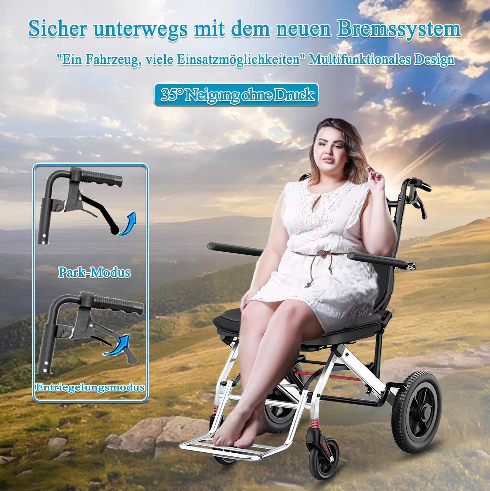 rollstuhl faltbar leicht, Transportrollstühle Faltbar Leicht für Erwachsene, Reise-Rollstuhl, Aluminium, Tragbarer Leichtgewicht Transit rollatoren für senioren, Tragfähigkeit 150KG