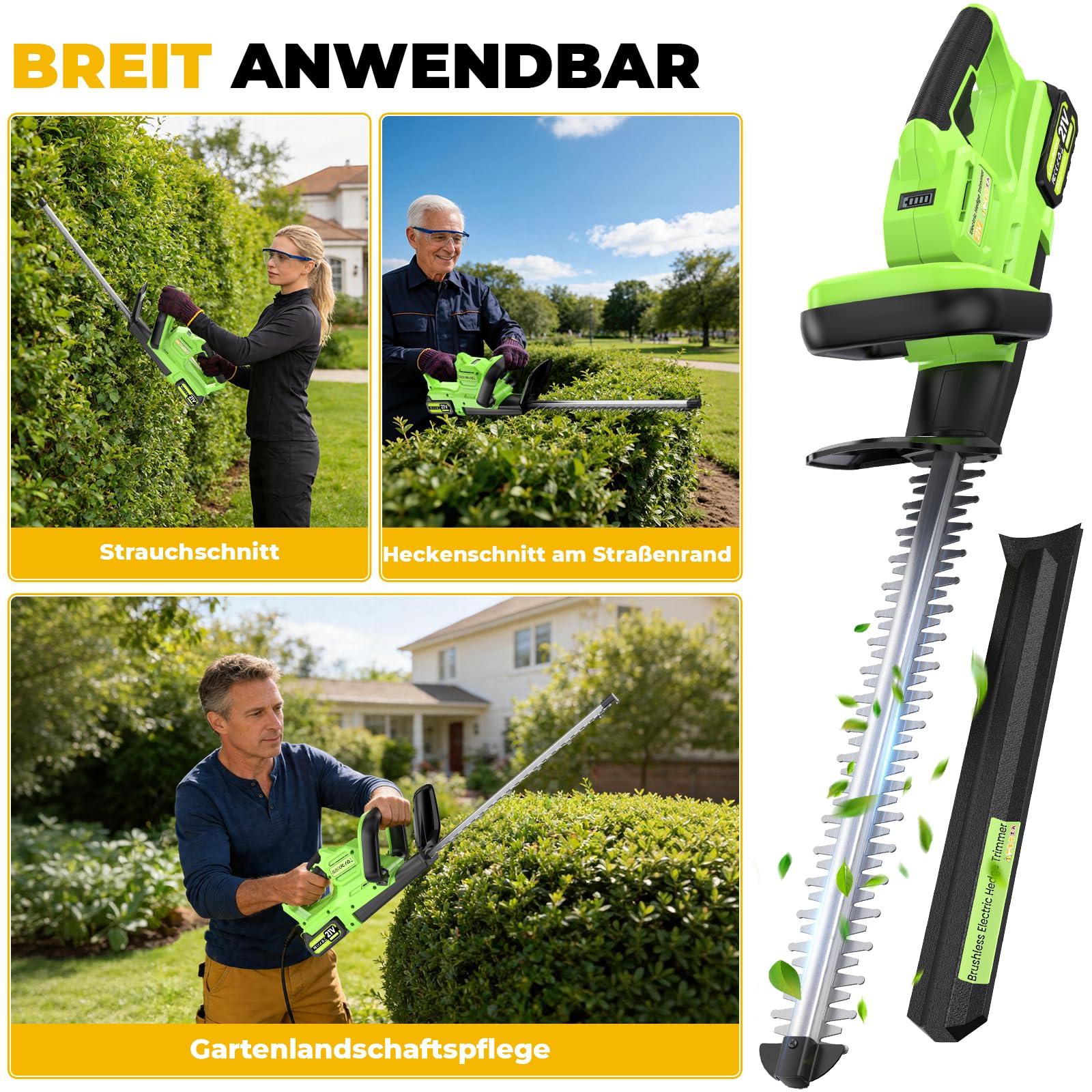 Heckenschere Akku, 50cm Elektrische Heckenschere für Makita Akkus, 800W Heckenschere mit 2 * 4000mAh Akku & Ladegerät, 16 mm Zahnabstand Dual Schnittklingen, Leicht für Garten, Hecken, Sträucher