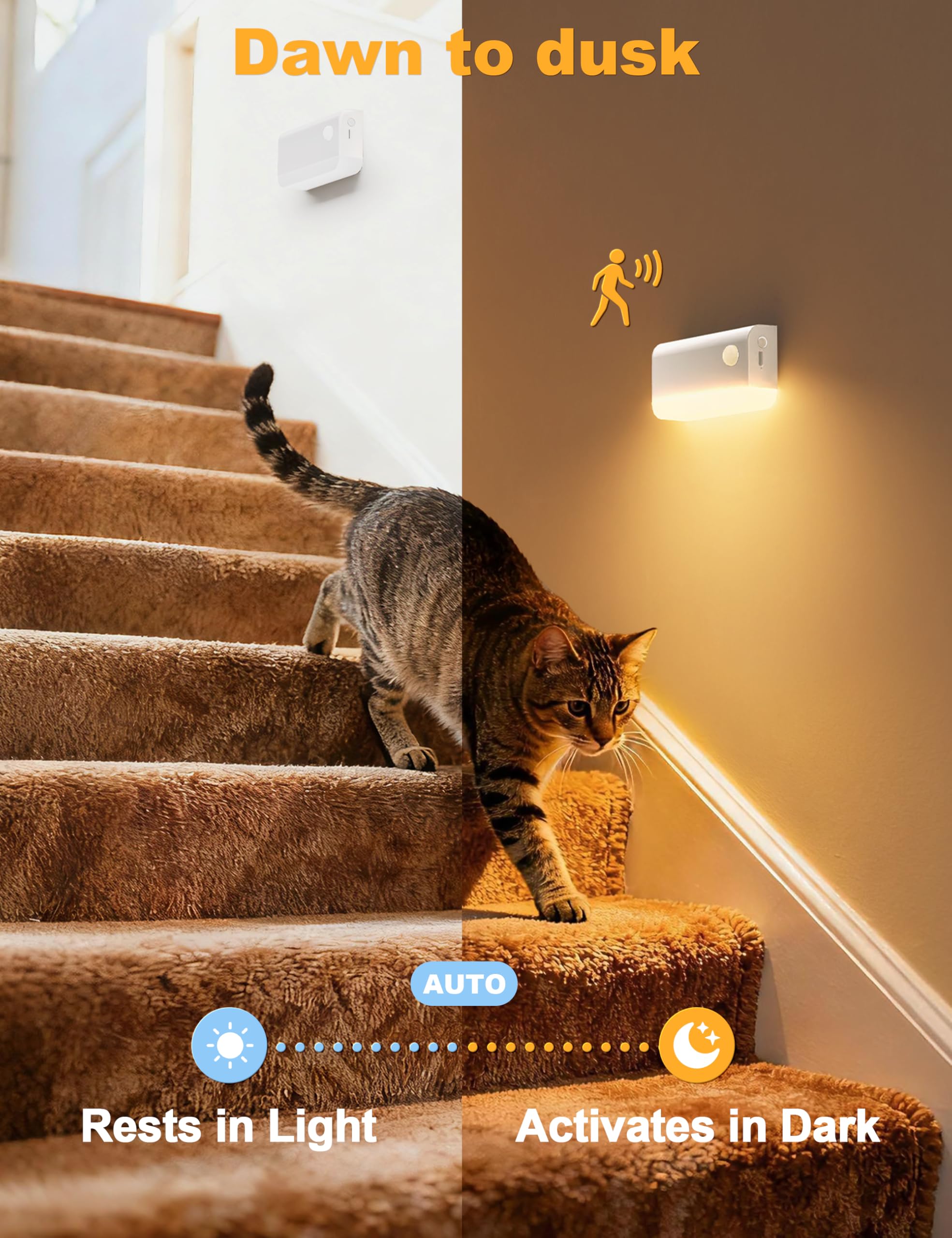 VOLISUN Luz Nocturna con Sensor de Movimiento Recargable, 6 Piezas Luz LED Escaleras con Cable de Carga 3 en 1 y Batería de 1200mAh, Luces Escaleras Sensor Movimiento para Pasillo Escaleras Gabinetes