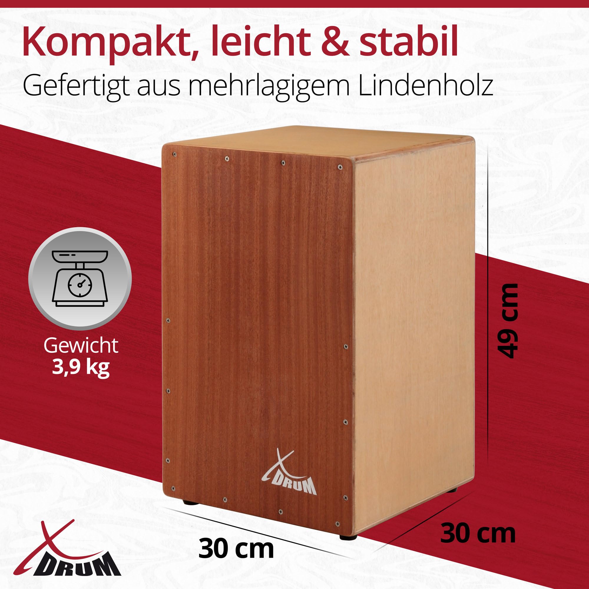 XDrum Cajon Primero Sapeli - Kistentrommel inkl. Rucksacktasche und Schule - Trommelkiste mit Snare Sound - Holz Drum Kiste mit Gigbag