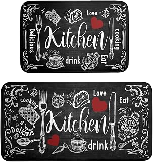 Black Cooking Sets Kitchen Mats Washable Anti-Fatigue Kitchen Rugs and Mats Set of 2 Modern Cooking Cushioned Kitchen Floor Mat Non-Slip Kitchen Sink Floor Mat Comfort Standing Rug for Home Kitchen