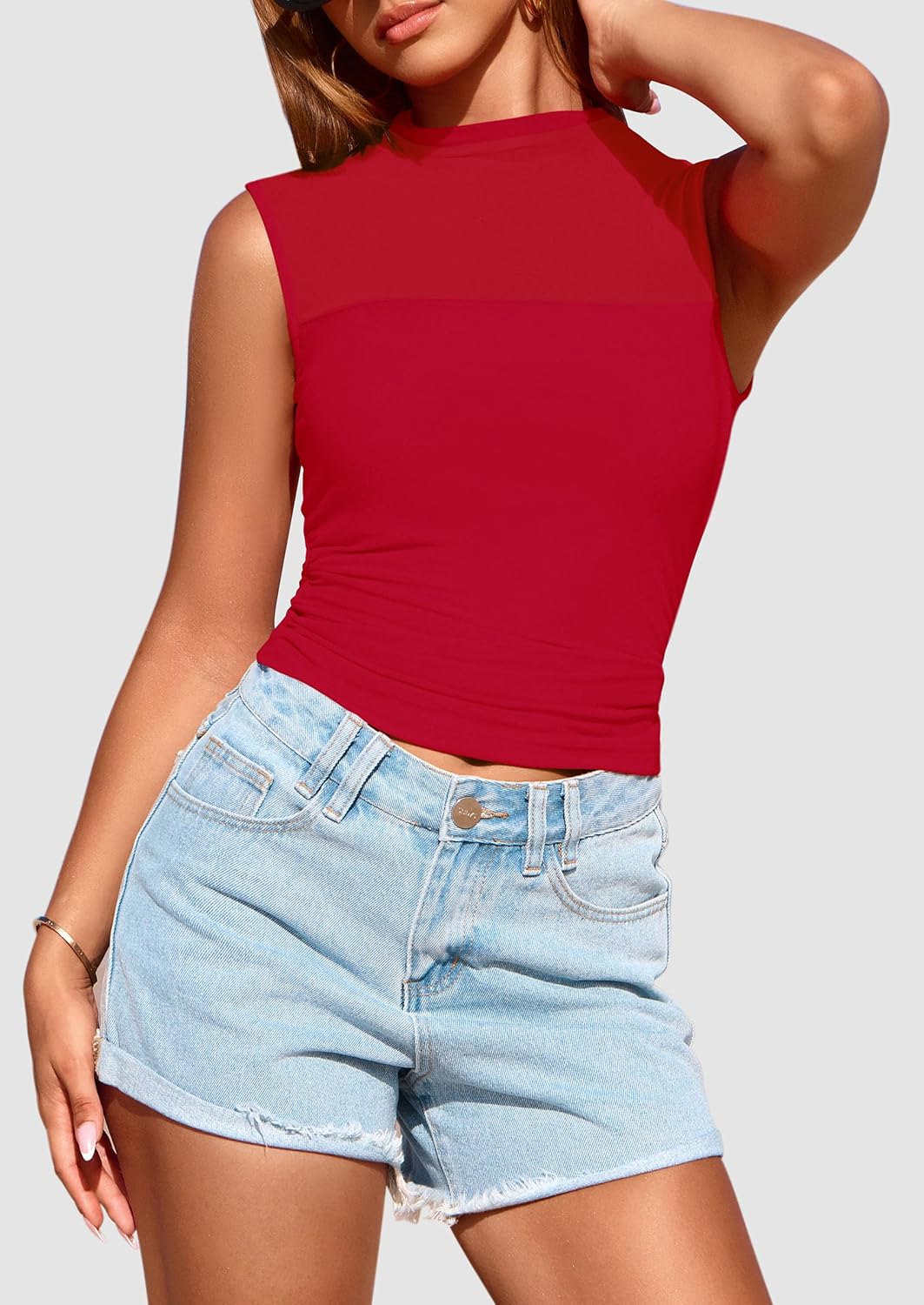 PRETTYGARDEN Women's Summer Sheer Mesh Tank Tops 2025 Trendy Casual Sleeveless Mock Neck Ruched Slim Fitted Going Out Shirts - Image 5