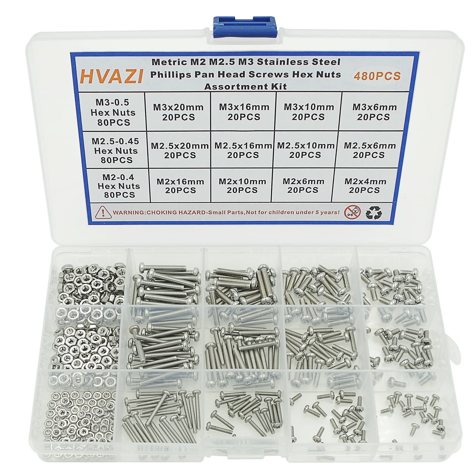 HVAZIM2 M2.5 M3 Phillips Pan Head Stainless Steel Machine Screws Nuts Assortment Kit