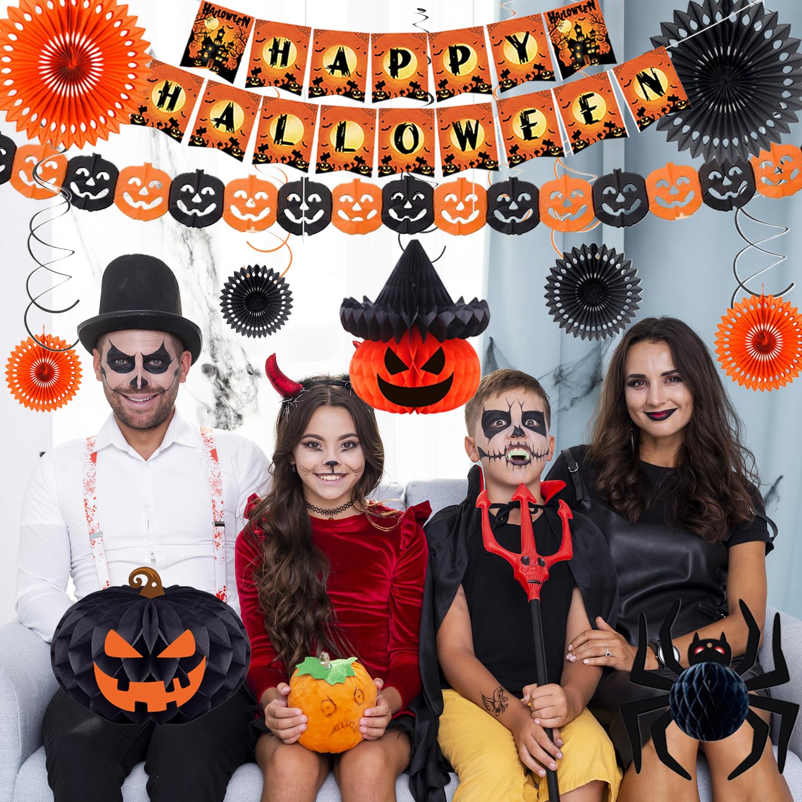 Xunerloy Halloween Party Decorations, Reusable Happy Halloween Paper Banner Paper Fans for Home, Pumpkin Garland Hanging Honeycomb Balls Suitable - Image 4