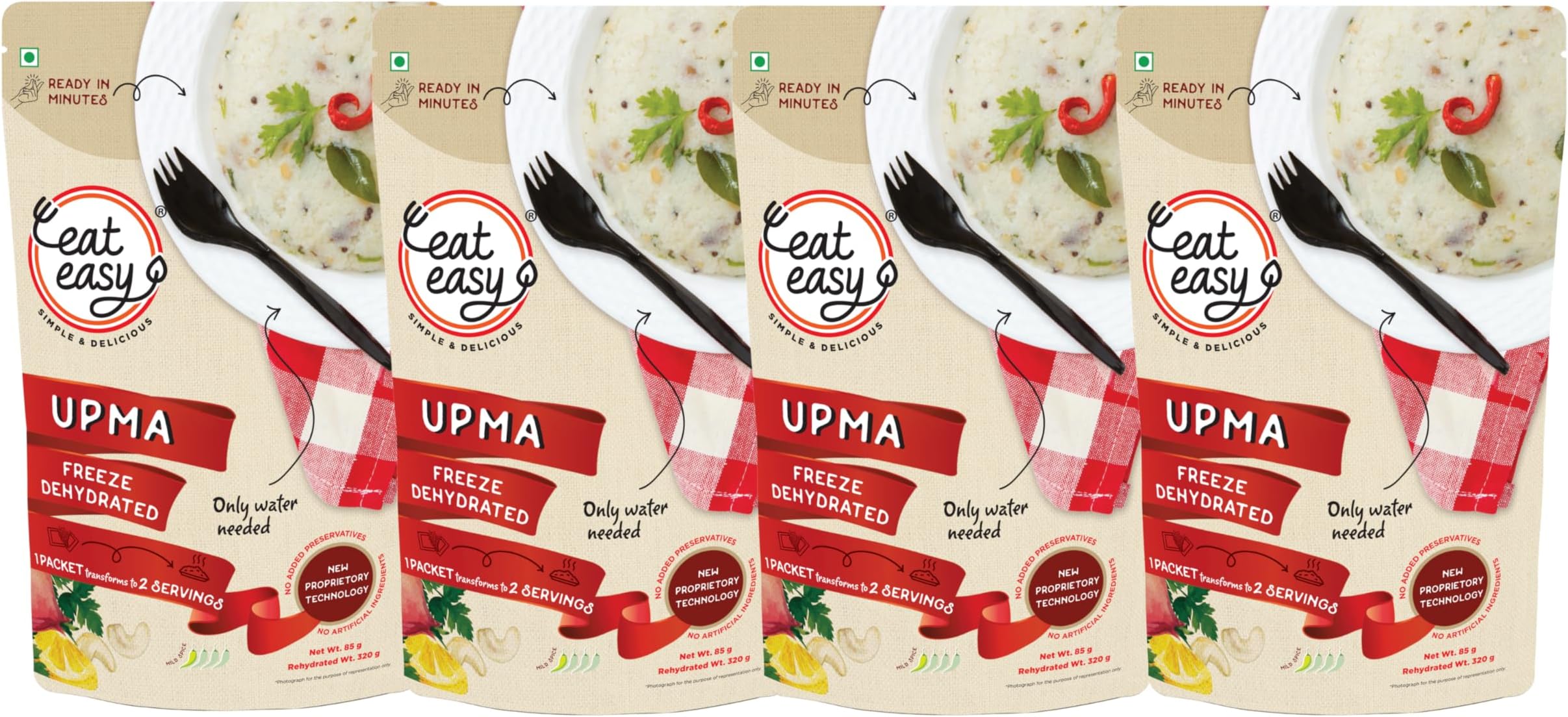 Eat Easy Ready To Eat Upma, 85gm of 1 Pack, Instant Food, Indian Meal, Travel Food, No Preservatives, No Added Artificial Colours & Flavours, Just Add Water and Cook (Pack of 4)