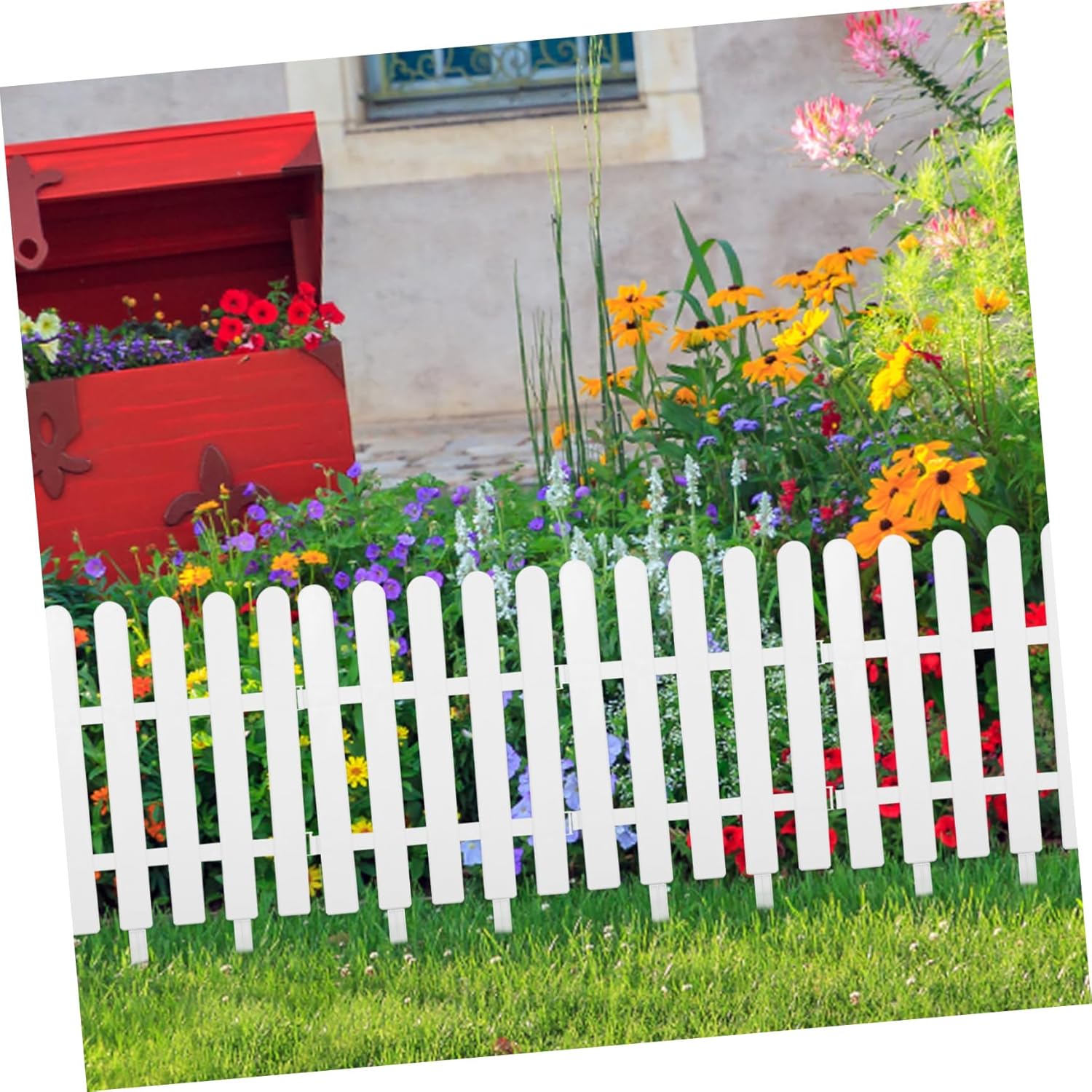 POPETPOP 4pcs White Picket Fence Garden Edging Decorative Plastic Border for Flower Beds and Landscaping Easy to Install Suitable for Yard and Patio