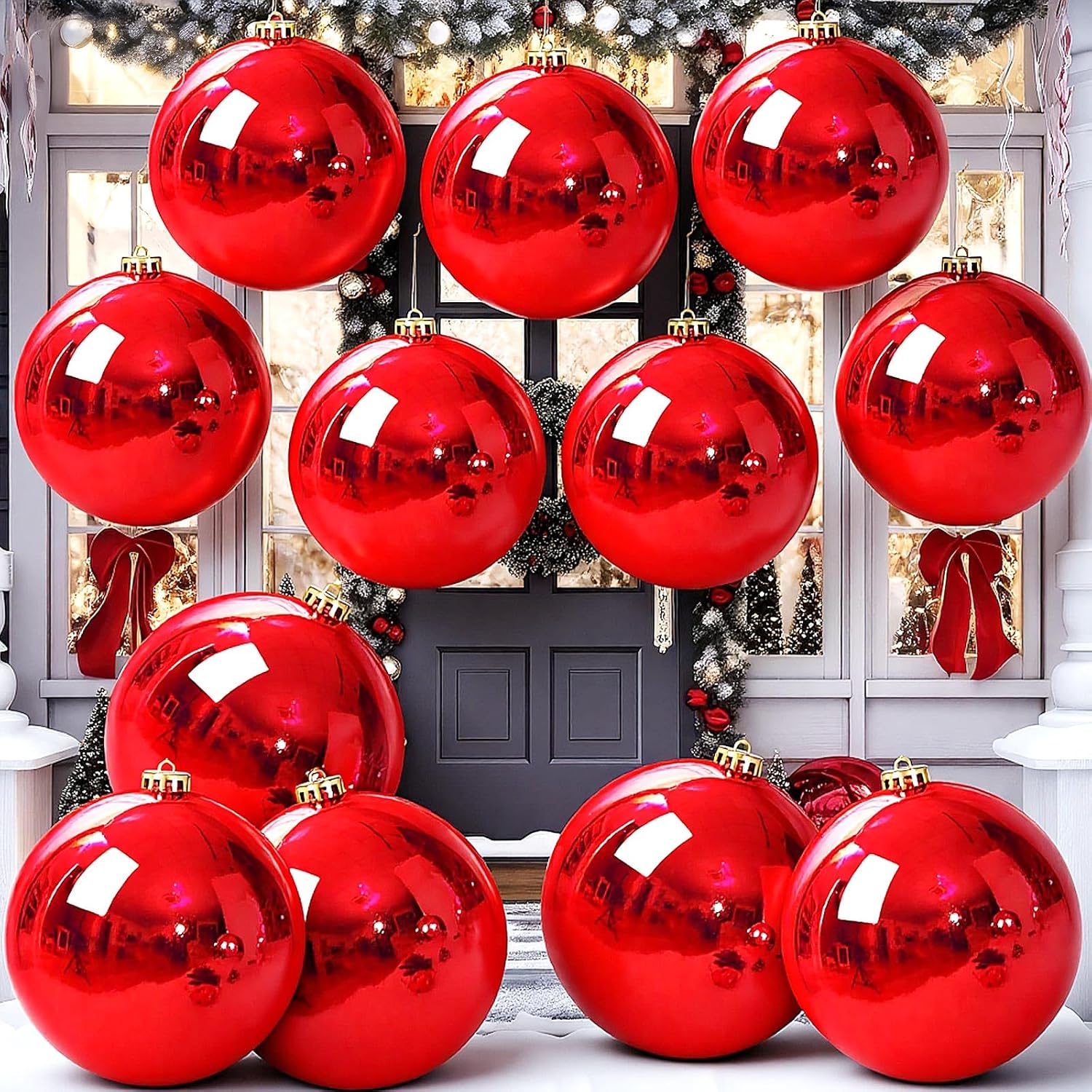 Jenaai 10 Pack Large Red Christmas Ornaments 4 Inch Shiny Shatterproof Plastic Christmas Ball Ornaments Hanging Xmas Tree Balls with String for Holiday Party Indoor Outdoor Lawn Yard Decoration