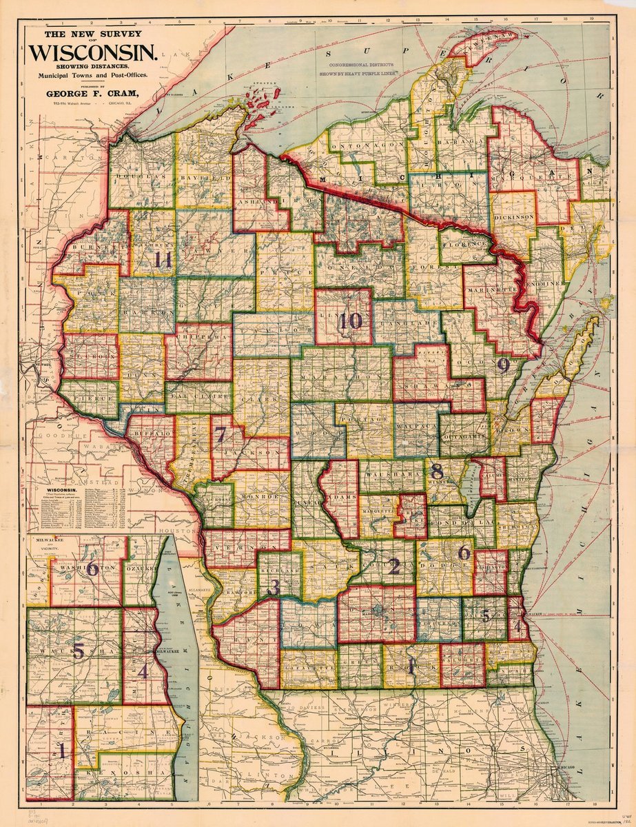 Amazon.co.jp 歴史地図 ウィスコンシン州 19001 ウィスコンシン州の新聞 距離、都市の町と郵便局 アンティークビンテージ