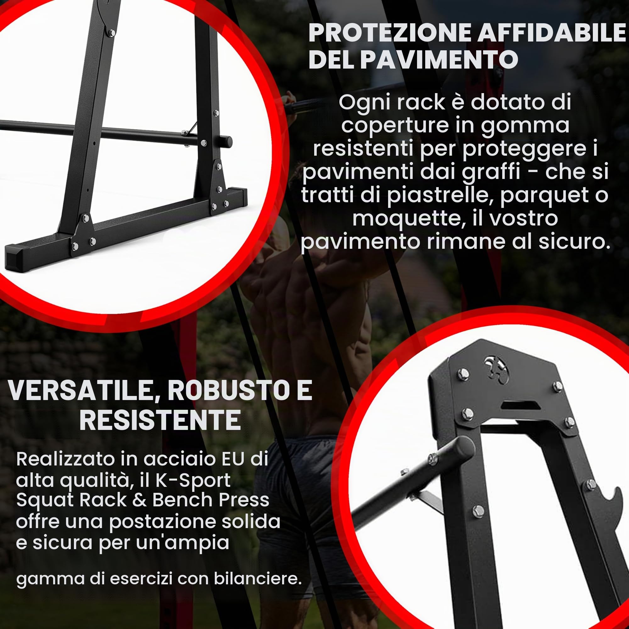 K-Sport: Porta bilanciere con dispositivo di sicurezza caricabile fino 280kg I Rack palestra per squat I Supporto bilanciere con barra di aggancio a 8 gradini I Rack bilanciere per squat, E-Book incl.