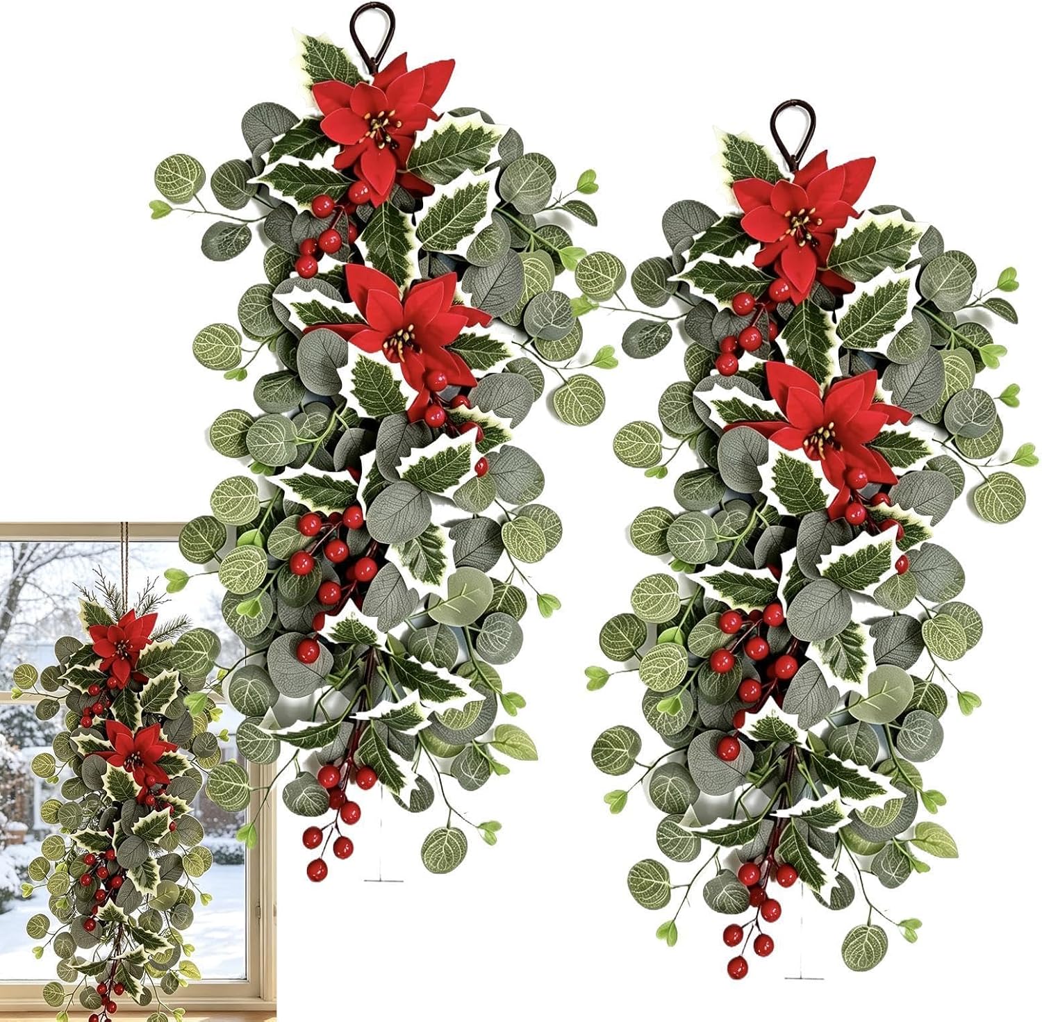 Teardrop Swag - 2 Piece Artificial Poinsettia Berry Christmas Wreath Decor