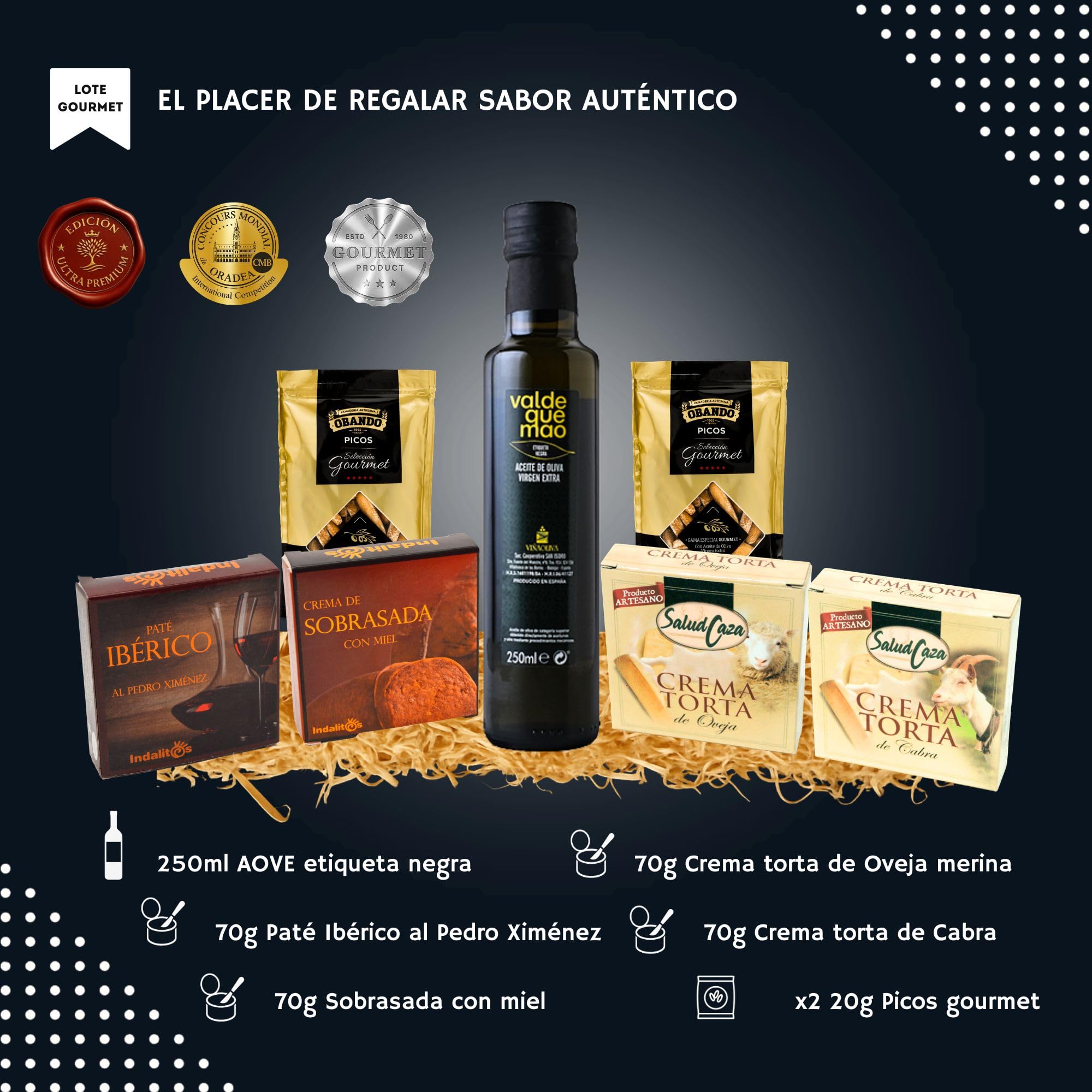 Cesta Gourmet para Regalar ACROL, Aceite oliva virgen extra 250 ml, cremas torta Oveja y Cabra, paté iberico, sobrasada con miel y picos artesanos, regalo cumpleaños mujer, regalos para hombres — view 2