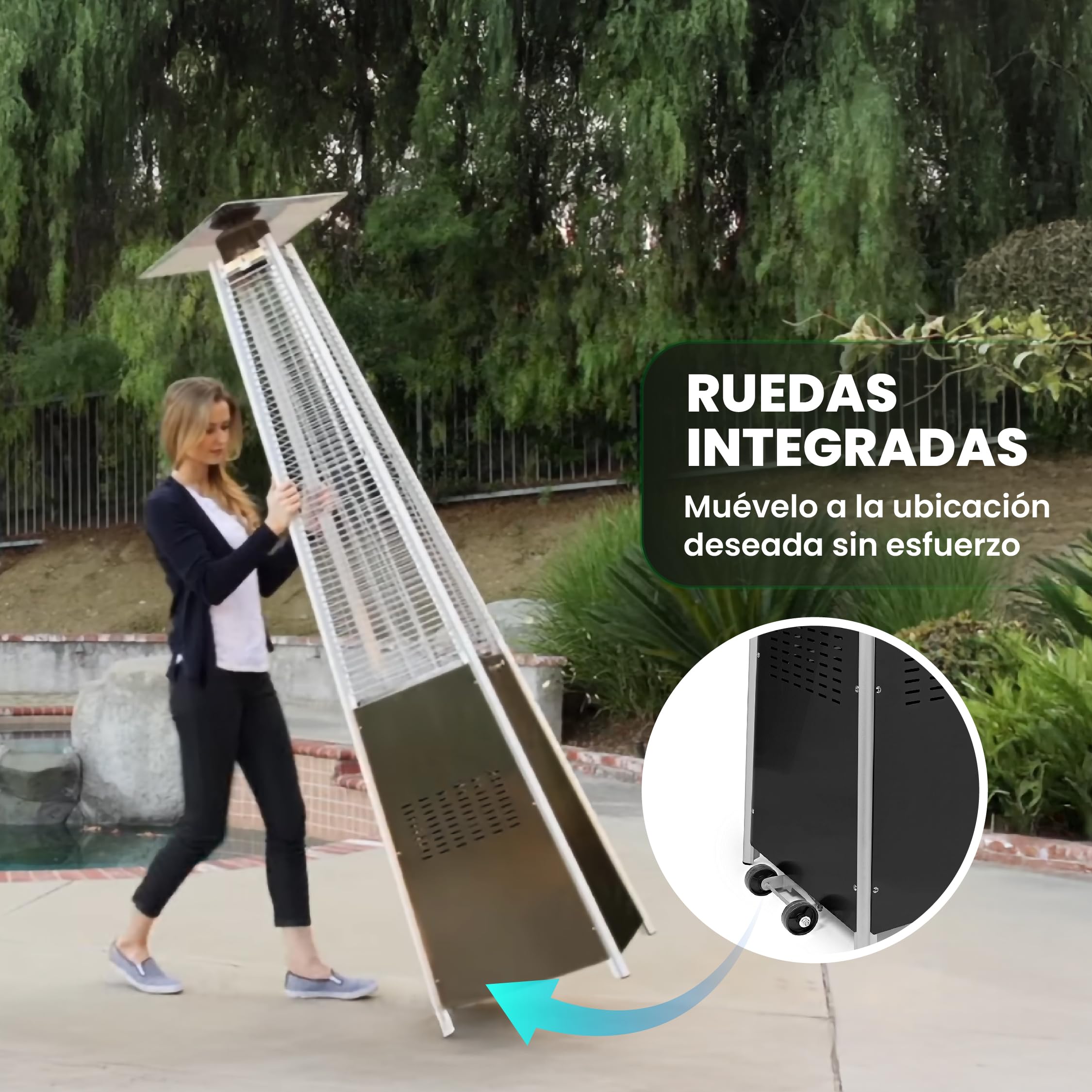 BU-KO Calentador Patio a Gas para Exterior | Jardín, Terraza, Barbacoa | Estufa Piramidal al Propano - 13kw | Ruedas, Regulador y Manguera | Chimenea Acero Inoxidable para LPG & Cubierta Impermeable
