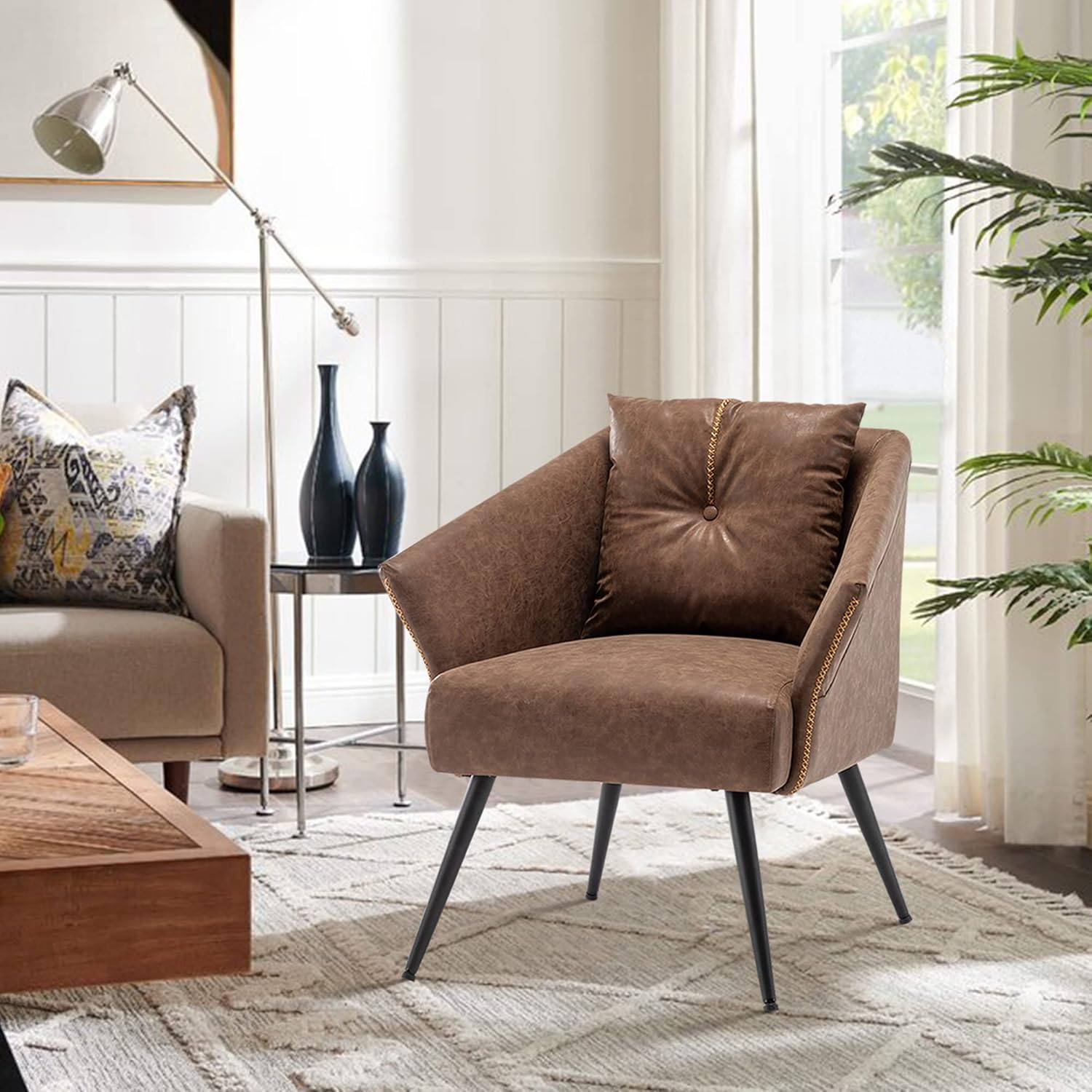 Alunaune Modern Brown Accent Chair with Ottoman, Upholstered Faux Leather Single Sofa Side Chair for Living Room, Mid Century Comfy Tub Bucket Club Armchair with Metal Legs for Bedroom
