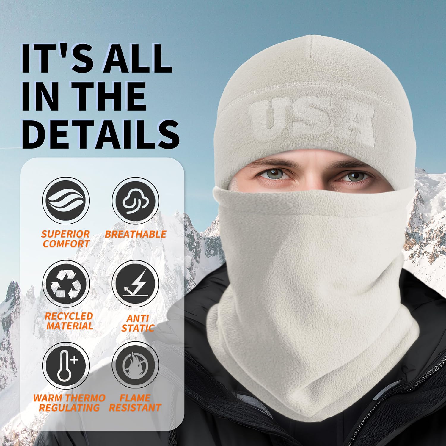 2 Pcs Warm Fleece Beanie Neck Gaiter Set, Embossing USA Army Military Winter Gear Skull Cap for Men Women image 2
