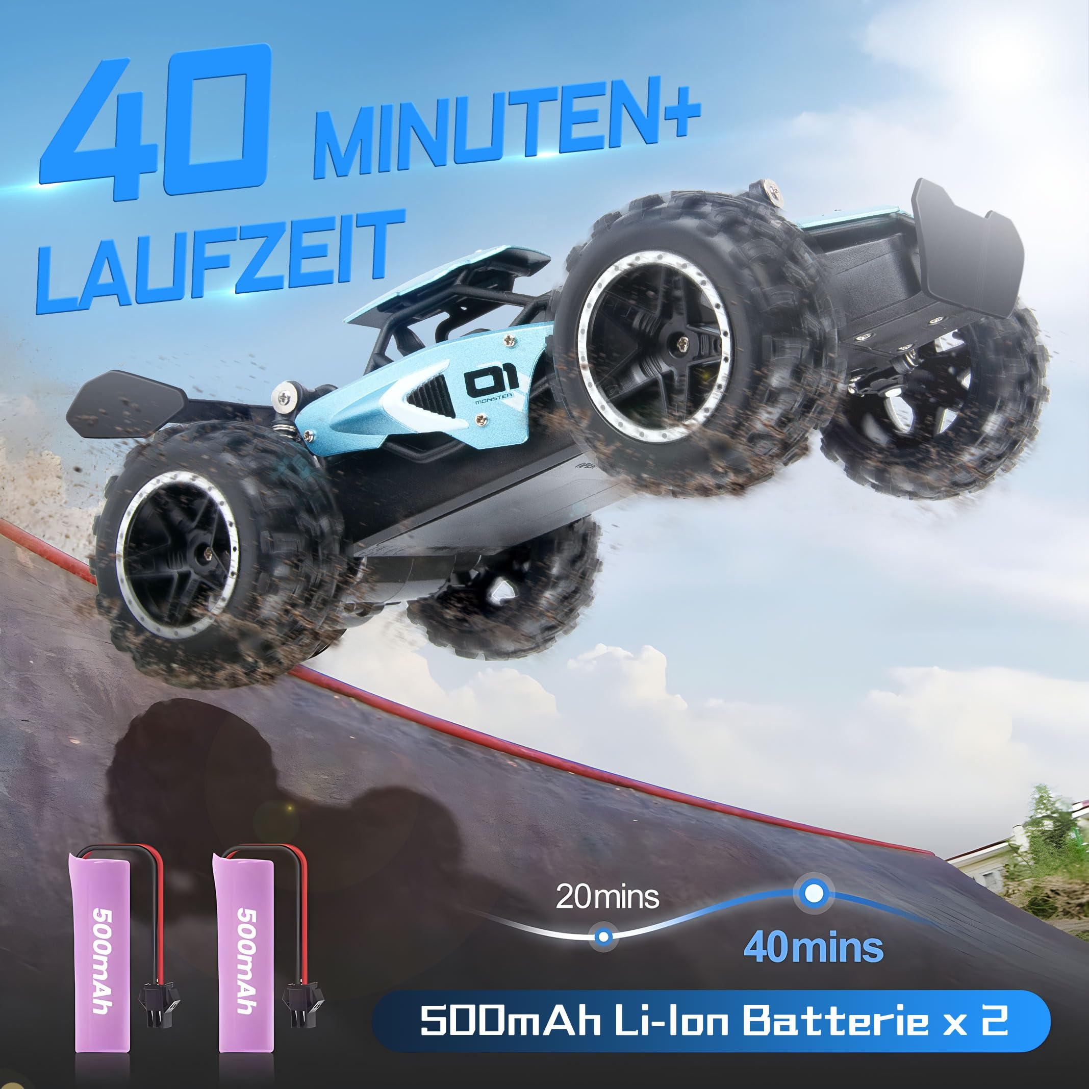Zdalnie Sterowany Samochód, 2,4 GHz 1:18, proporcjonalny 2WD 20+ km/h, Hobby, Offroad RC Auto, Wodoszczelny, RC Car dla dzieci ab 6 lat,Niebieski