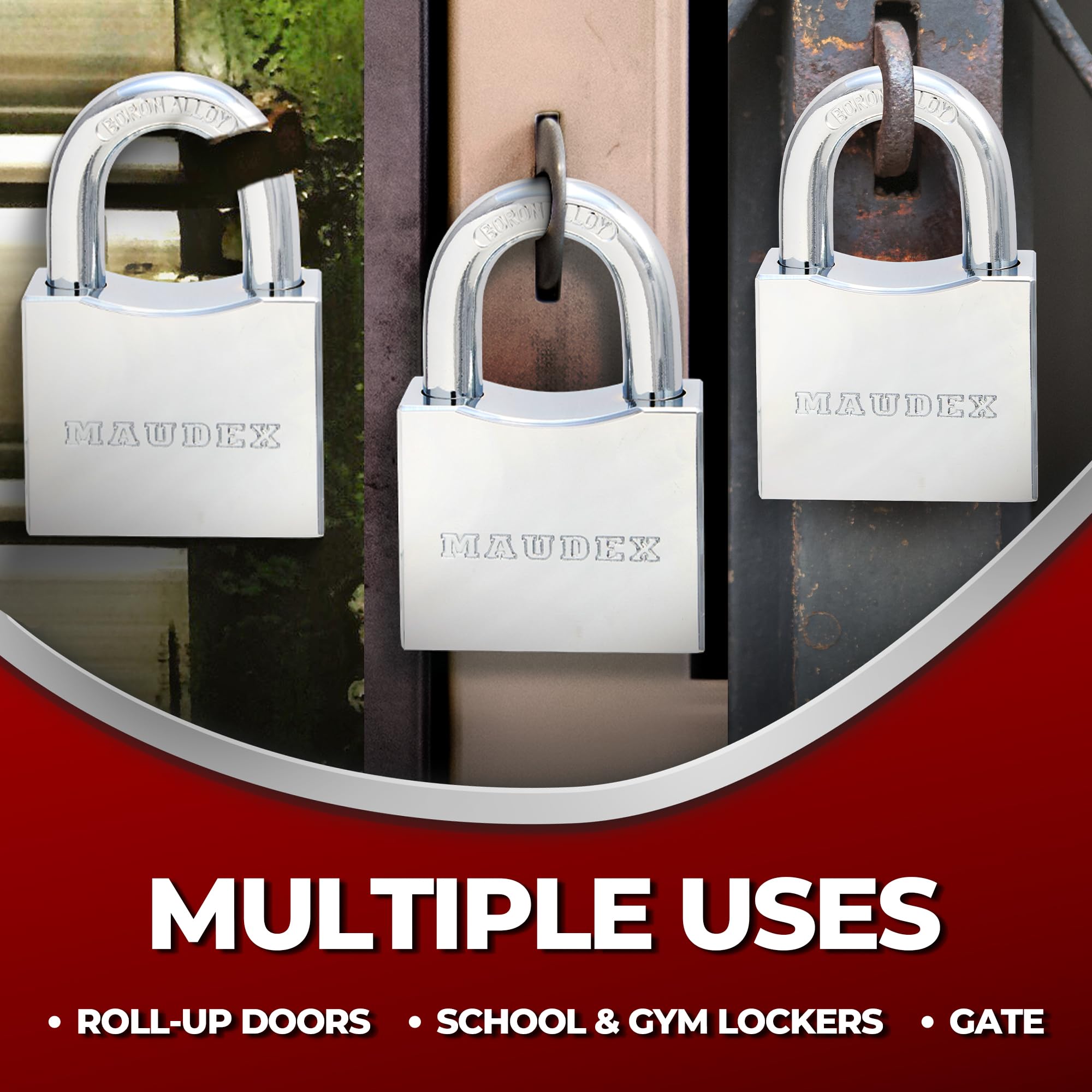 Maudex® RPB50 Heavy Duty Padlock with 5 Keys - 10mm Cut Resistant Hardened Shackle - Weatherproof Chrome Body - Image 3