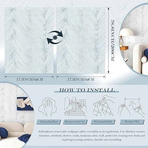 Miniatura 3 de Papel tapiz moderno de despegar y pegar, papel tapiz a rayas blancas y azules, papel de contacto bohemio de 17.3 x 78.8 pulgadas, papel de pared