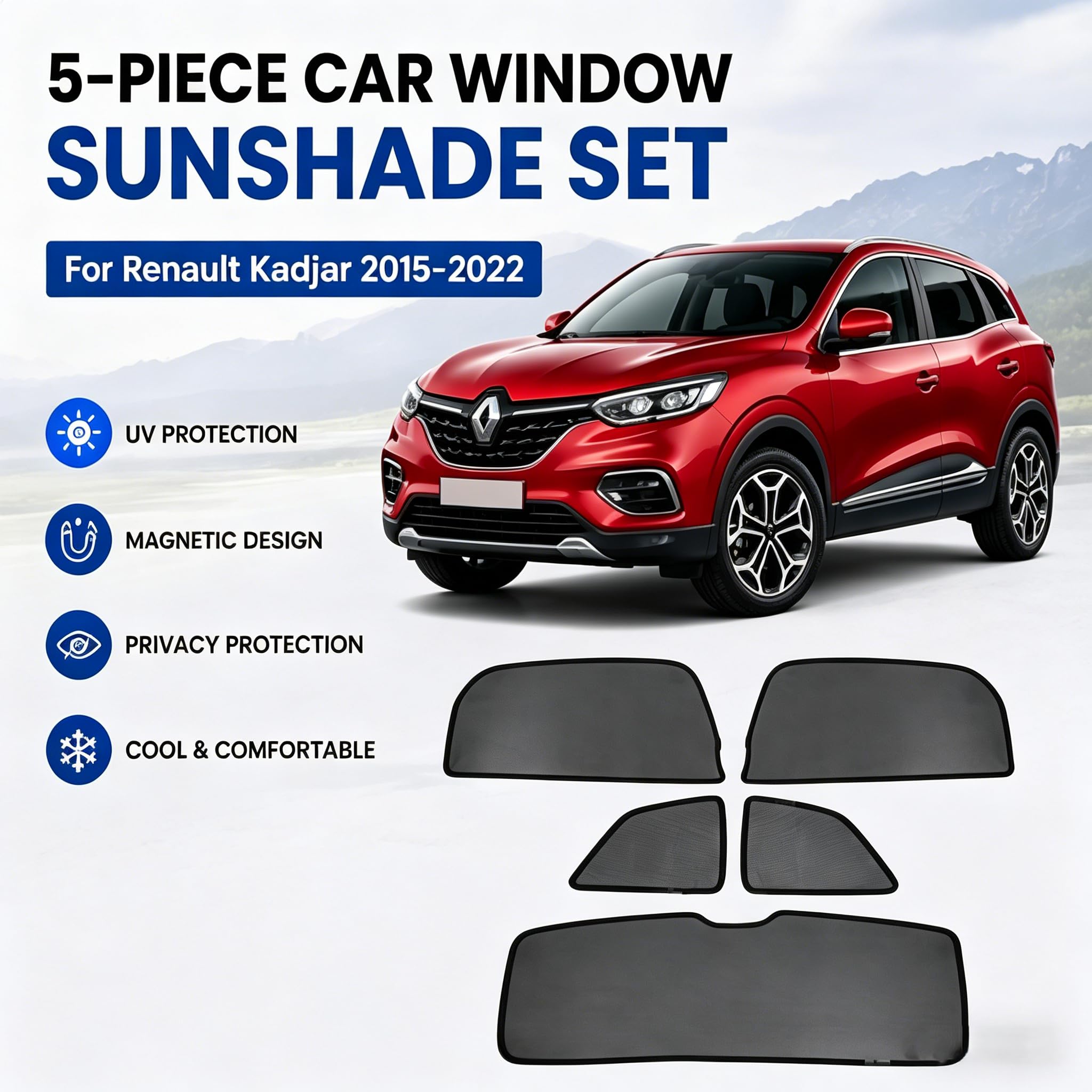 Osłona przeciwsłoneczna do samochodu kompatybilna z Renault Kadjar 2015-2022, magnetyczna ochrona przed promieniowaniem UV dla dzieci, boczne i tylne okno, kompletny zestaw, 5 sztuk
