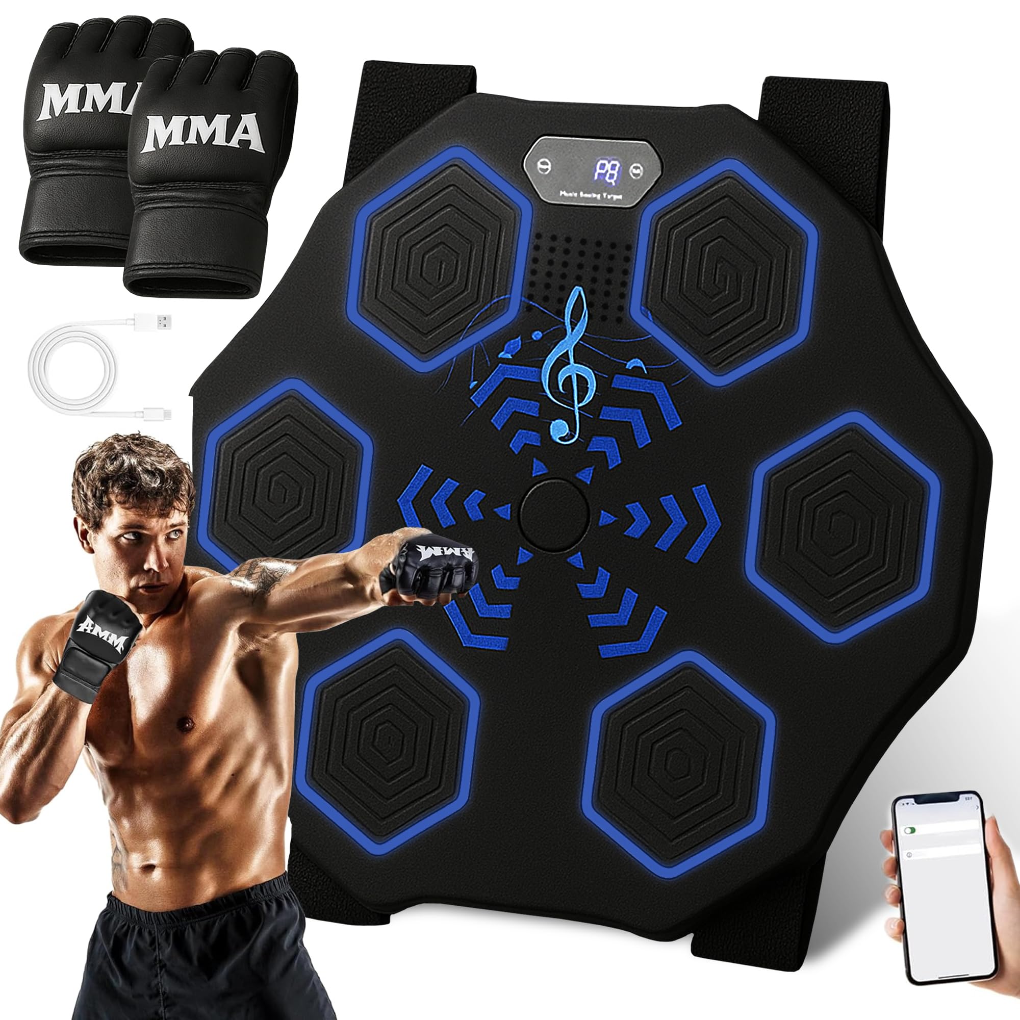 punching music boxing machine for adults - wall music punching machine adult w/bluetooth, 9 speed level, light up boxing target, gloves - music boxing machine workout pad for home