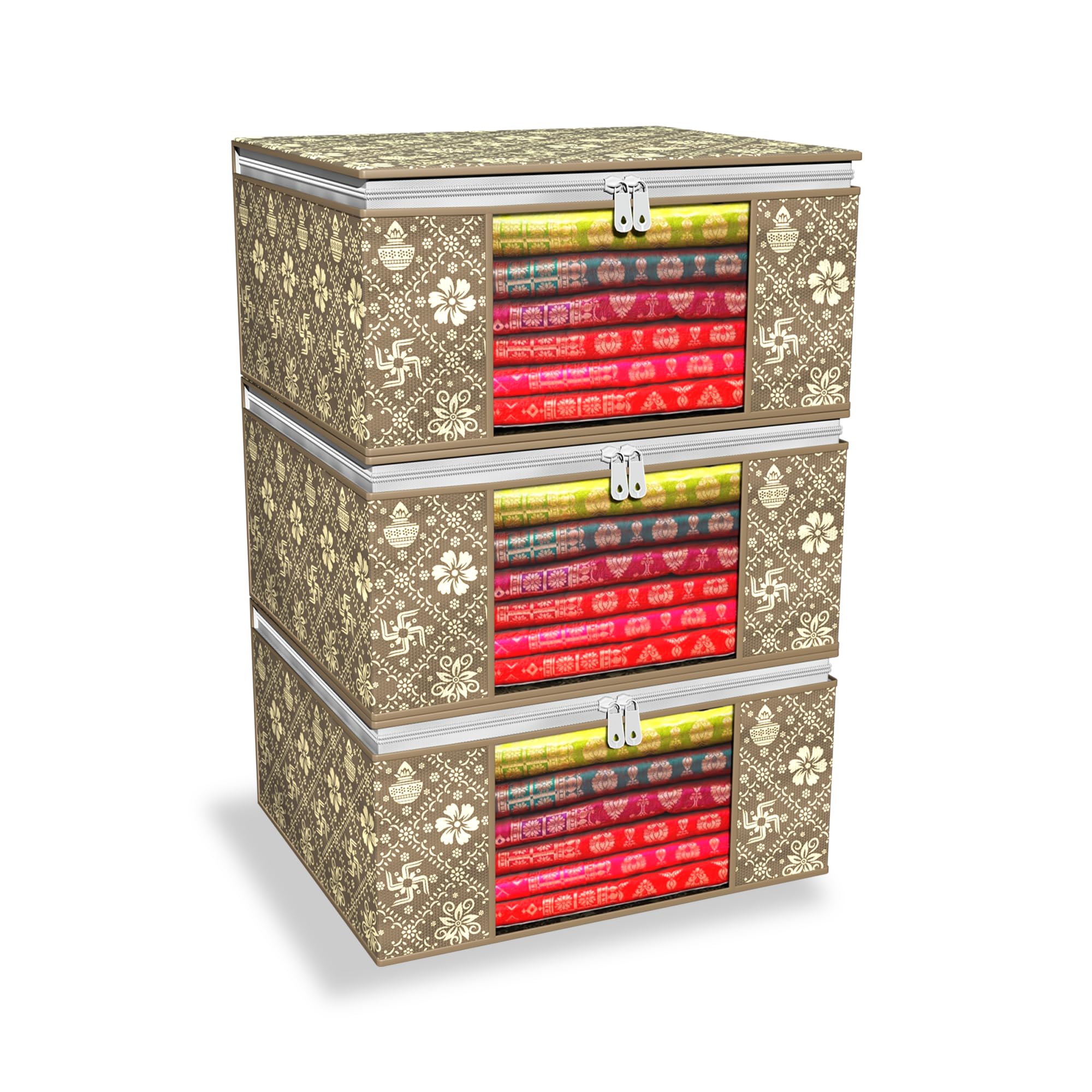 FabPax Saree Cover, Foldable Royal Print Saree Cover Set, Saree Bags, Saree Covers for Storage, Wardrobe Organiser (40x32x21cm) (Brown, Set of 3) (B0D7QR97QR) Amazon Price History, Amazon Price Tracker