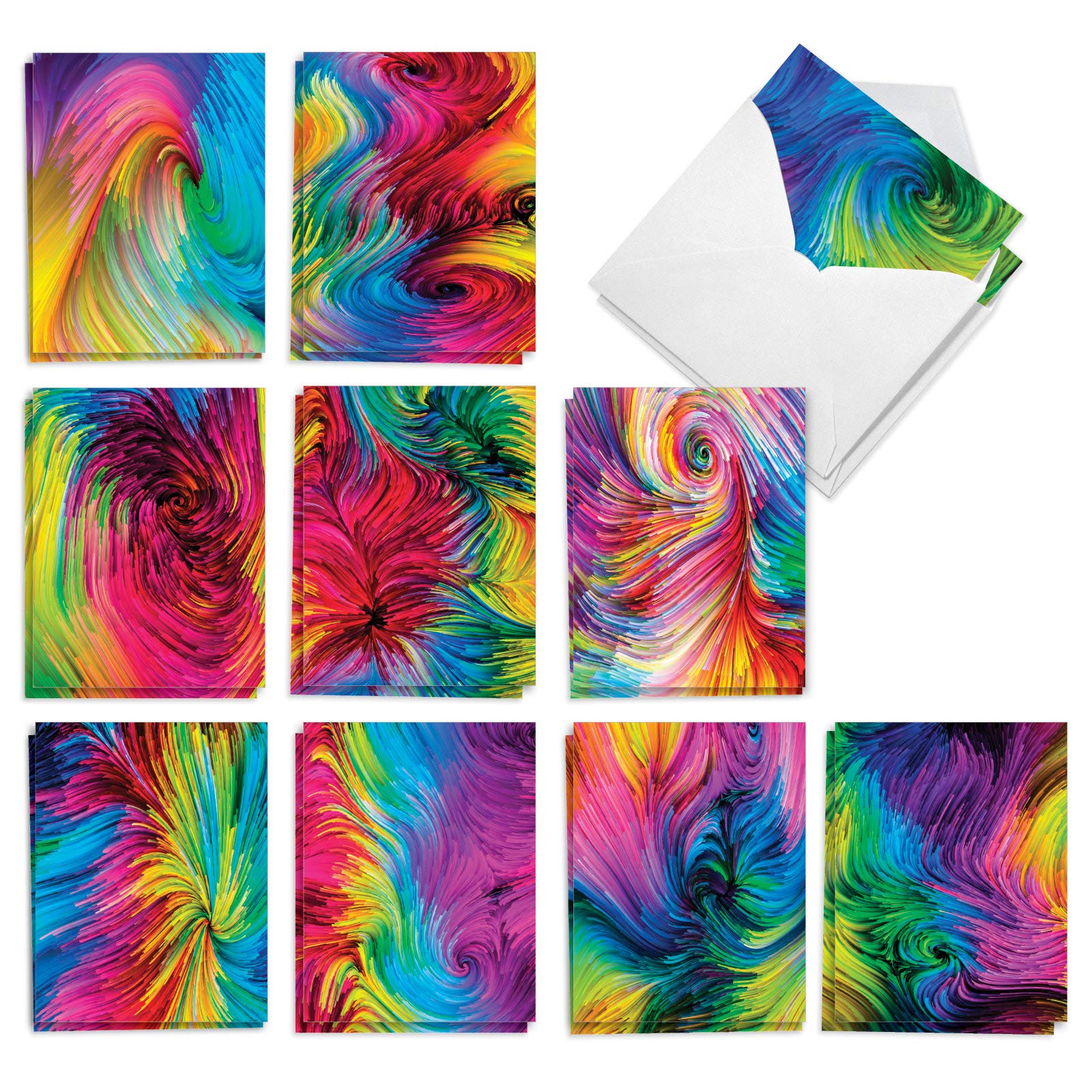 The Best Card Company - 20 Blank Note Cards Boxed (4 x 5.12 Inch) - Fun Assorted Patterns (10 Designs, 2 Each) - Color Waves AM3177OCB-B2x10