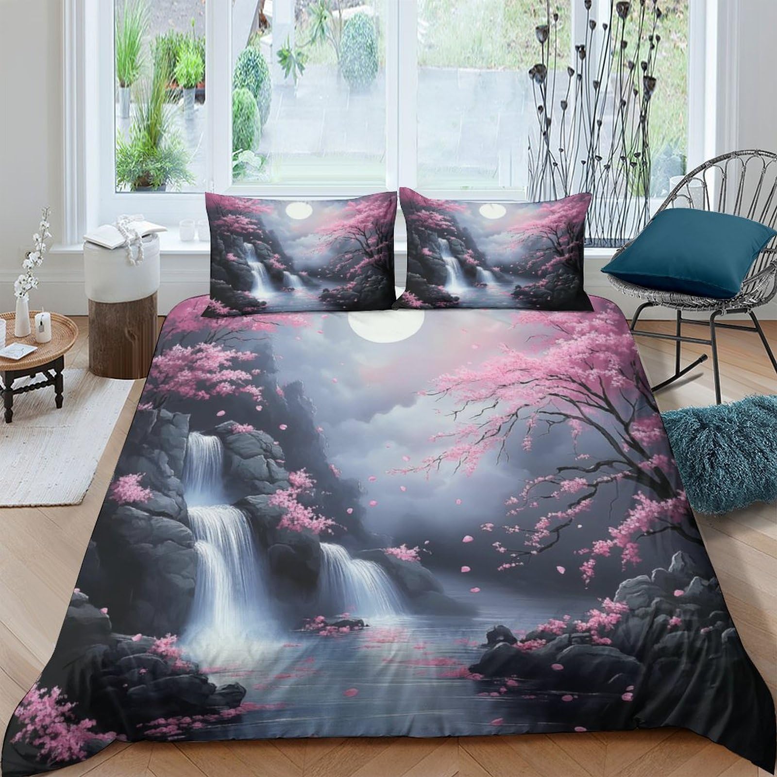 Ctjqhvkz Style-10 3D Printed Waterfall Moonlight Fitted Sheet Microfiber Pink Sakura Mattress Cover For Bedroom Guest Room Protection Decor Single（135X200cm）