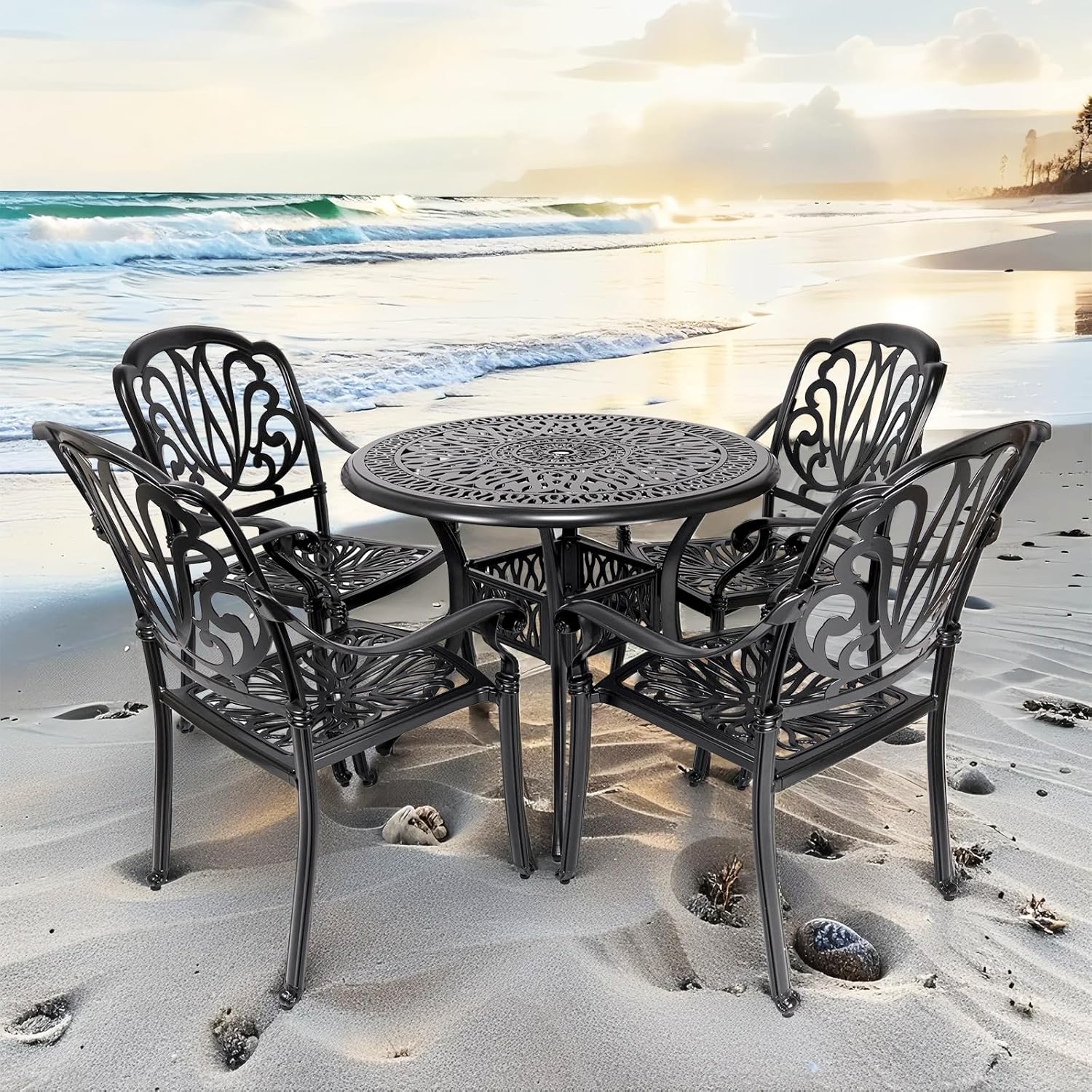 Cast Aluminum Dining Set 5 Piece Outdoor, Patio Conversation Furniture Set, Patio Table and Chairs Set of 4 for Garden Backyard, Black