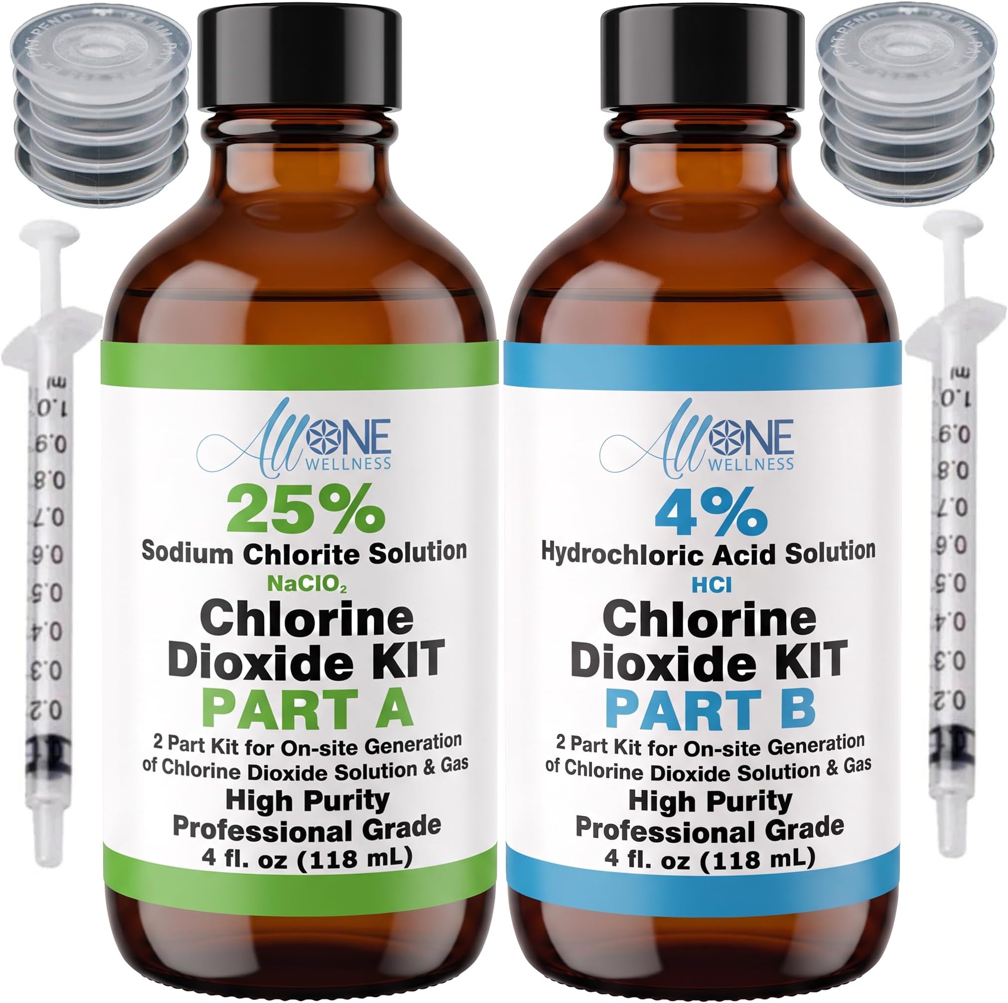 Chlorine Dioxide KIT 25% Sodium Solution and 4% HCl 4 oz Glass Bottles