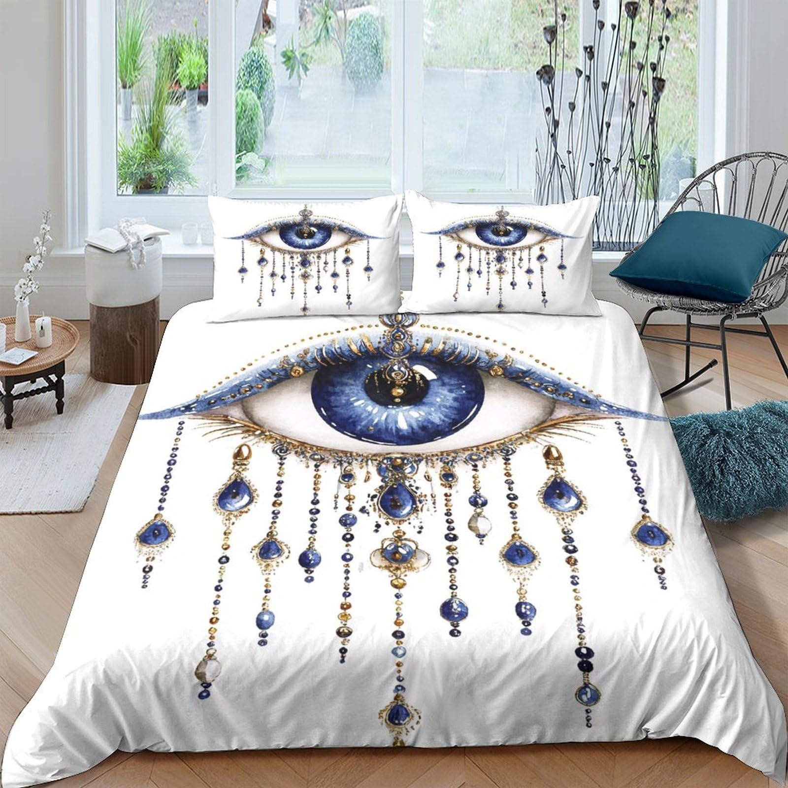 Ctjqhvkz Style-10 3D Printed Evil Eye Fitted Sheet Microfiber Soft Blue Artistic Dripping Jewels Bed Cover Bedroom Dorm Decor Single（135X200cm）