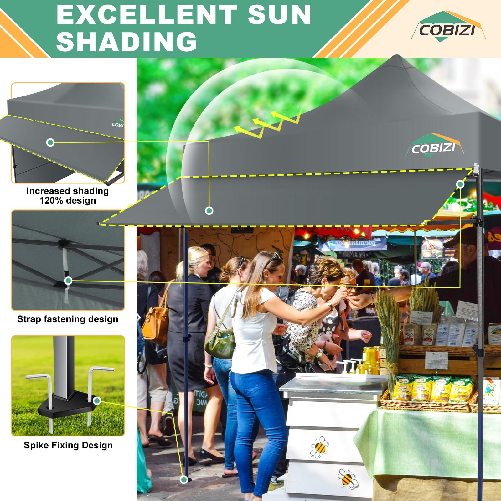 COBIZI - Tienda con Dosel Pop-up de 3 x 3 m con toldo y Paredes Laterales, Carpas comerciales de 3 x 3 m, Impermeable instantánea, Parasol UPF 50+, para Exteriores, Fiestas, mercados (Gris)
