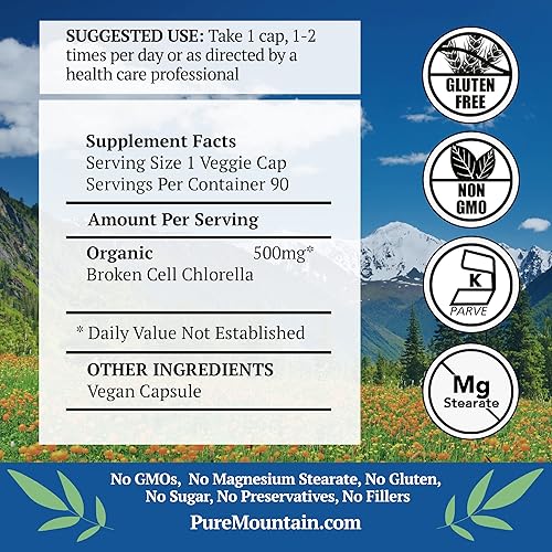 Miniatura 2 de Pure Mountain Botanicals Broken Cell Wall Chlorella Cápsulas - 90 cápsulas veganas kosher ahora con 500 mg de polvo orgánico de Chlorella