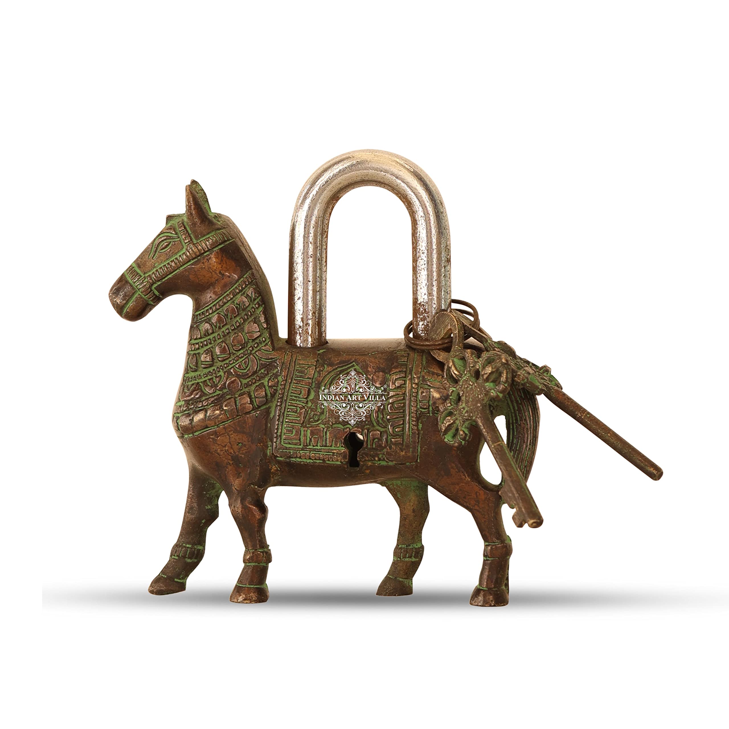 Indian Art Villa Handmade Old Dark Brown Vintage Style Horse Shape Brass Security Lock with 2 Keys, Size - 5.5 X 5.5 Inch (B0C6F7G5ZD) Amazon Price History, Amazon Price Tracker