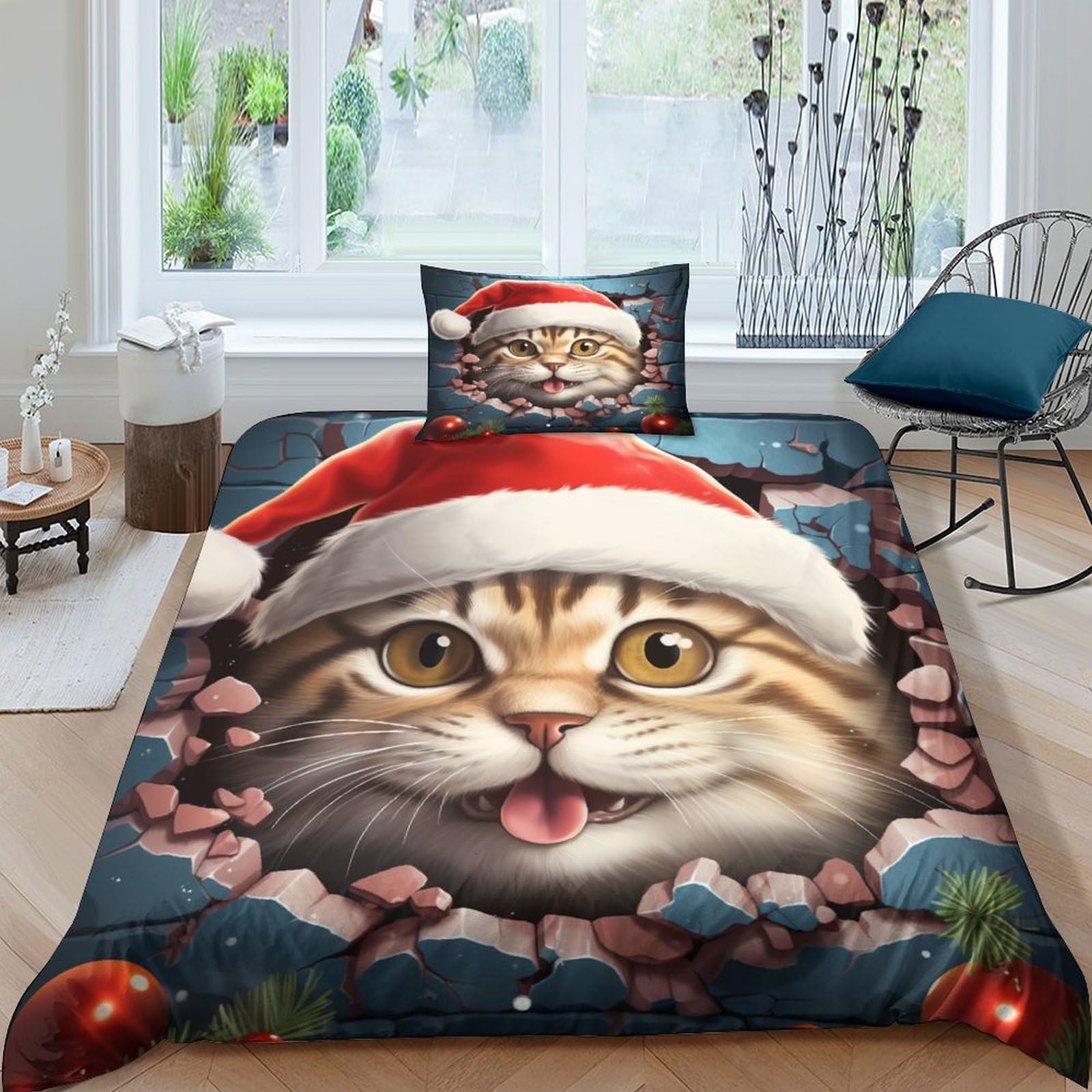 Funda nórdica de gato de Navidad de 3 piezas y microfibra suave para cama individual de 135x200