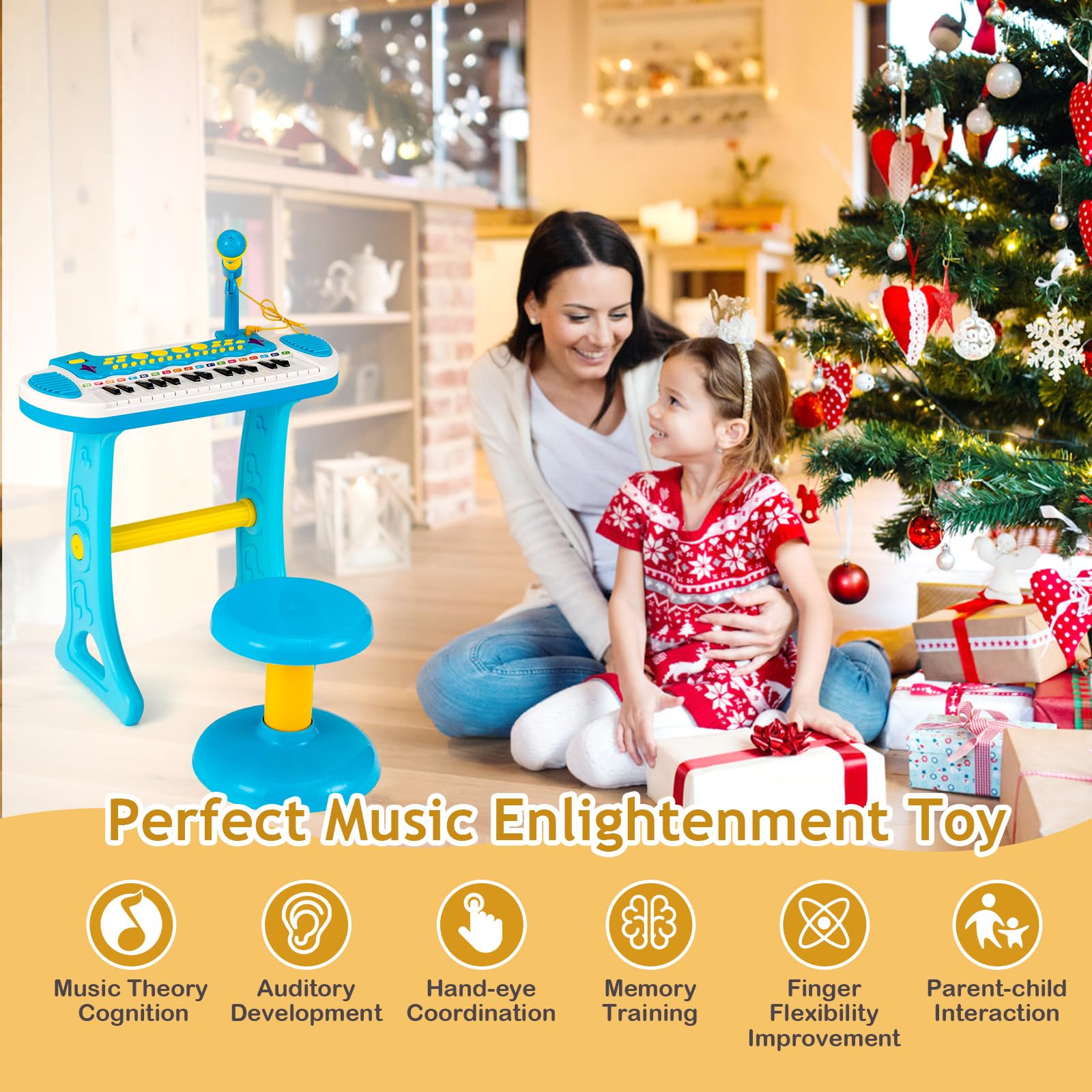 KOMFOTTEU Pianola Bambini Musicale Tastiera, Tastiera Digitale a 31 Tasti, Mini Tastiera per Bambini con Effetti Luminosi e Microfono, Strumenti Musicali con Sgabello, 22 Battiti/8 Toni/7 Ritmi (Blu)