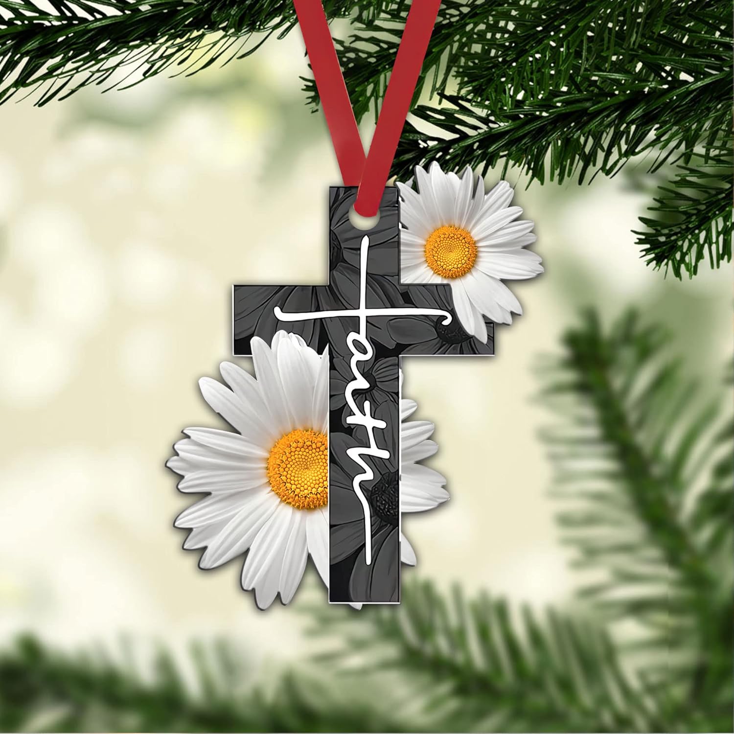 Talataca Christian God Jesus Cross Faith White Daisy Flower 2D Flat Car Rear View Mirror Accessories Christmas Tree Ornament Decoration Hanging Charm Interior Rearview Pendant Decor Gift - Image 6