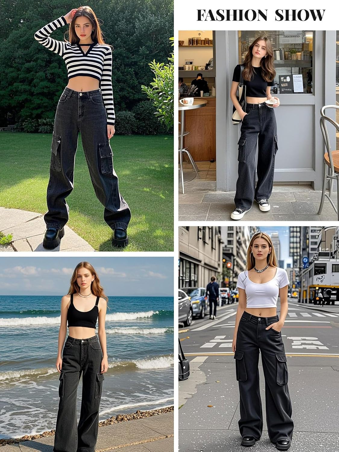 LONGYIDA Women's High Waisted Cargo Jeans Straight Wide Leg Stretch Baggy Jean Y2K Casual Loose Denim Cargo Pants Trousers - Image 5