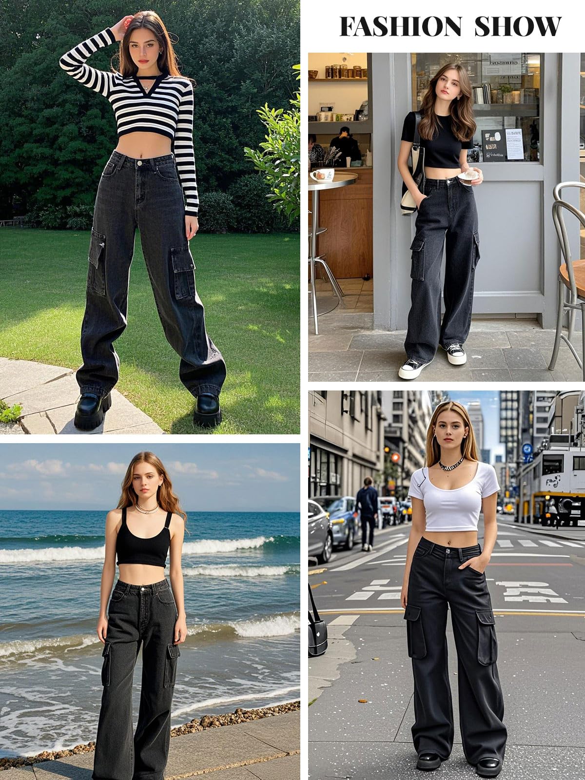 LONGYIDA Jeans Larghi da Donna Elasticizzati a Vita Alta Dritti a Gamba Larga Jeans Cargo Y2K Boyfriend Denim Pantaloni Cargo Pantaloni, Grigio e Nero., S