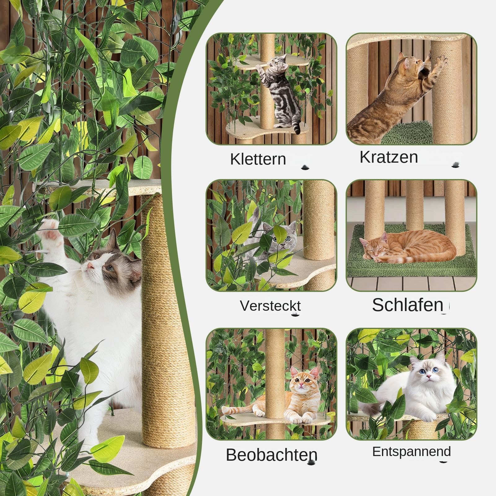 Tiragraffi con foglie e telaio in legno, 150 × 50 × 50 cm – stabile albero per gatti a più piani con palo in sisal, design moderno per casa, gioco e relax