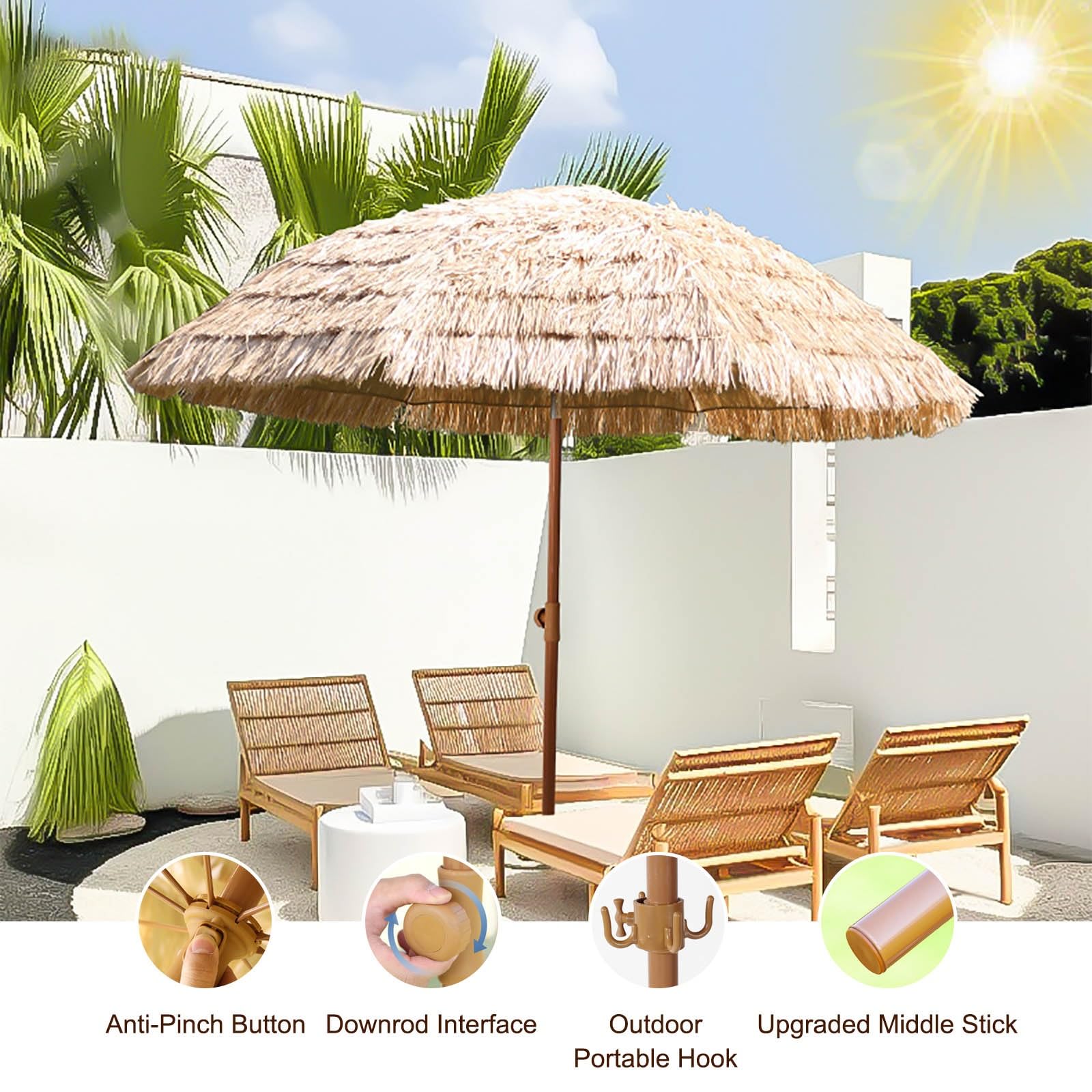 Sombrilla Terraza Inclinable Parasol De Paja Hawaii Sombrilla Playa Protección UV50+ Parasol Jardin Impermeable Parasol Terraza Antiviento Altura Ajustable Con Bolsa De Transporte Para Patio Jardín Pi