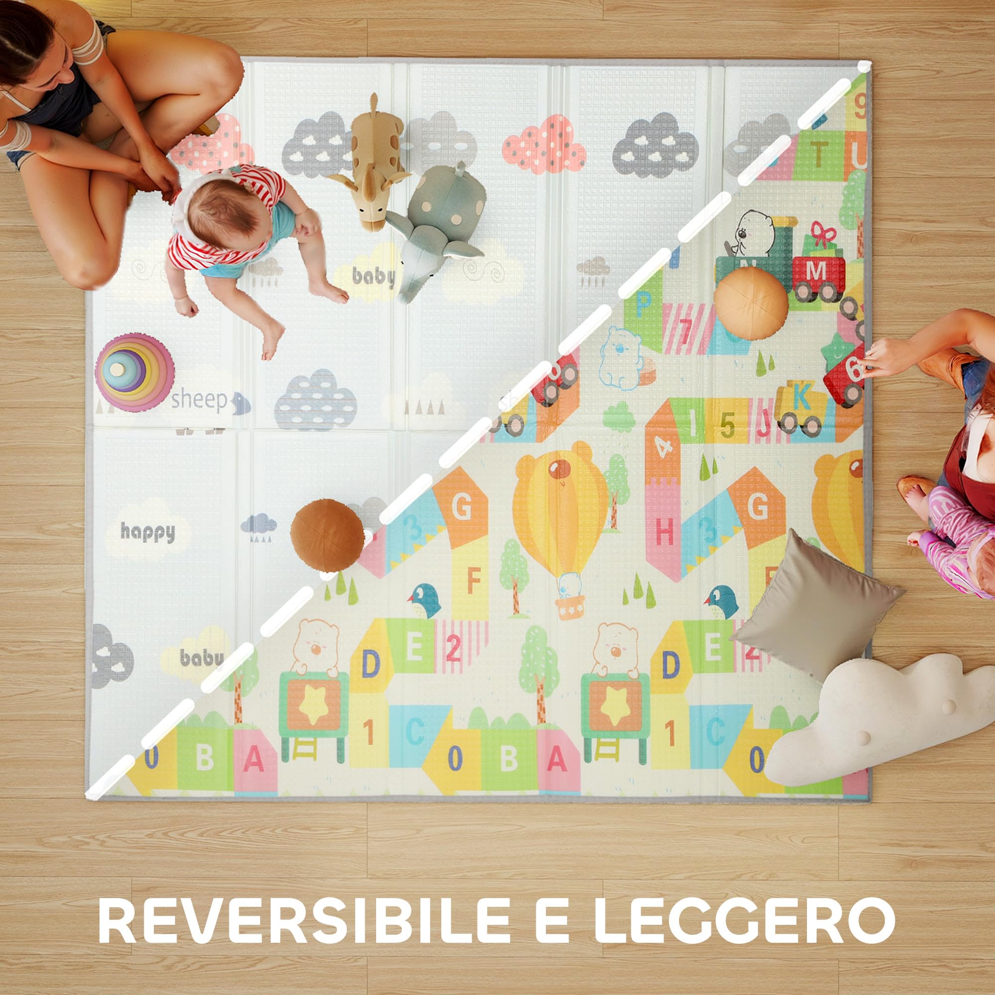 AIYAPLAY Tappeto per Bambini 0-3 Anni con Bordi Cuciti, Lettere dell'Alfabeto e Superficie Impermeabile, Tappeto Gattonamento in XPE e PE, 200x180x1.5 cm, Multicolore