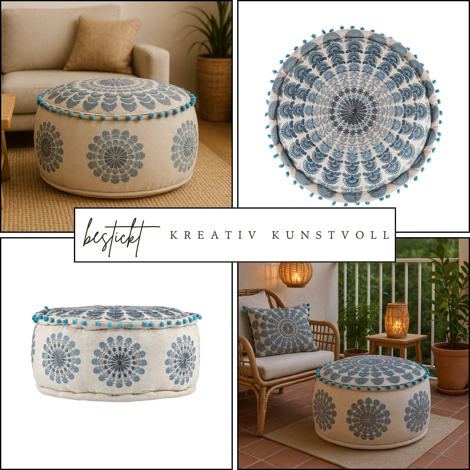 Boho Pouf Garet handgefertigt aus Baumwolle in Blau 50 cm handgemacht