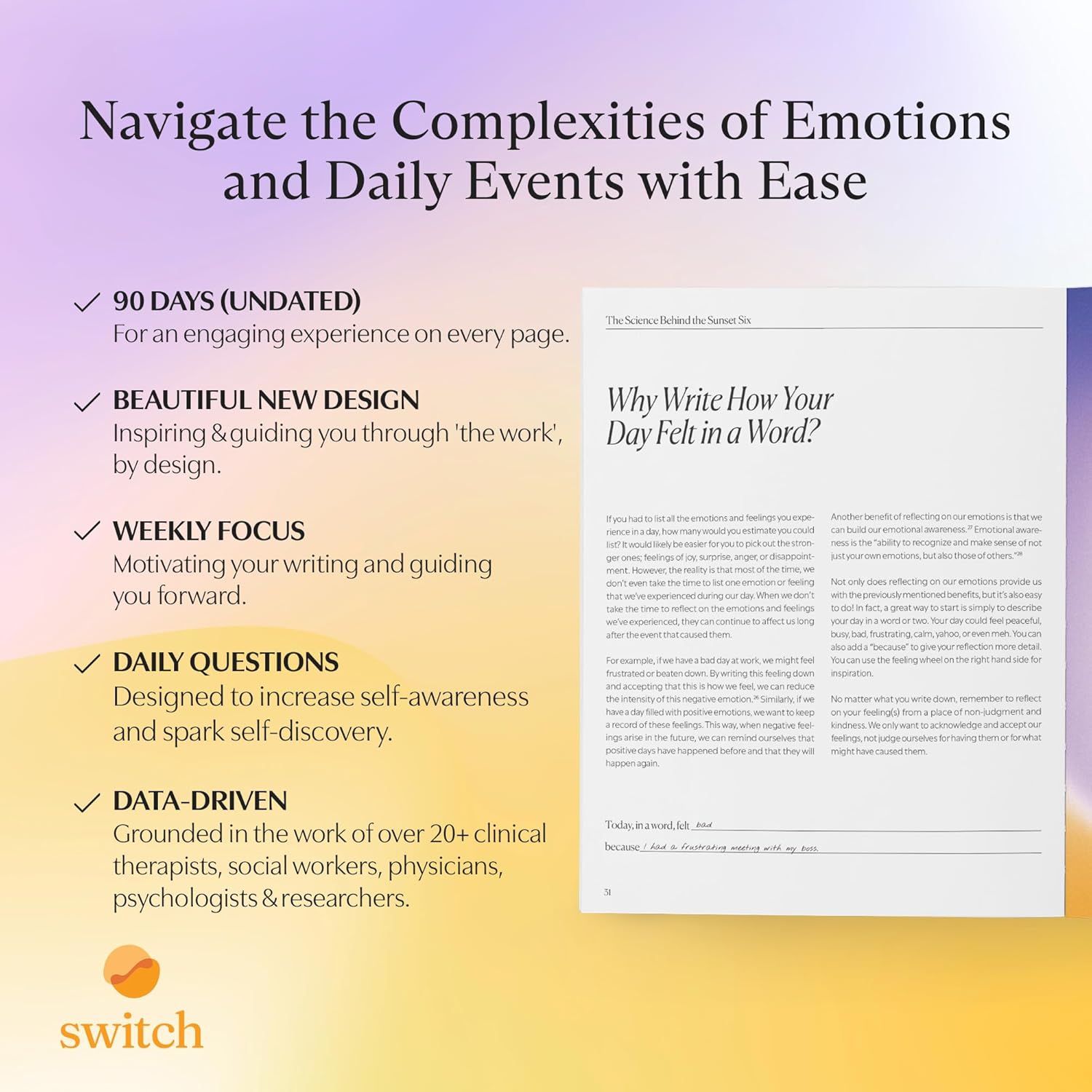 Switch Research Sunrise/Sunset Journal: Science-Backed Daily Gratitude Journal for Women & Gratitude Journal for Men - Powerful Daily Journal Prompts for Mindfulness, Presence, & Habit Transformation