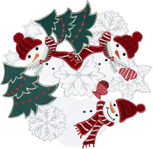 Miniatura 10 de Juego de 4 manteles individuales de Navidad, diseño de muñeco de nieve bordado de copo de nieve, decoración de mesa de Navidad, blanco nieve, rojo,