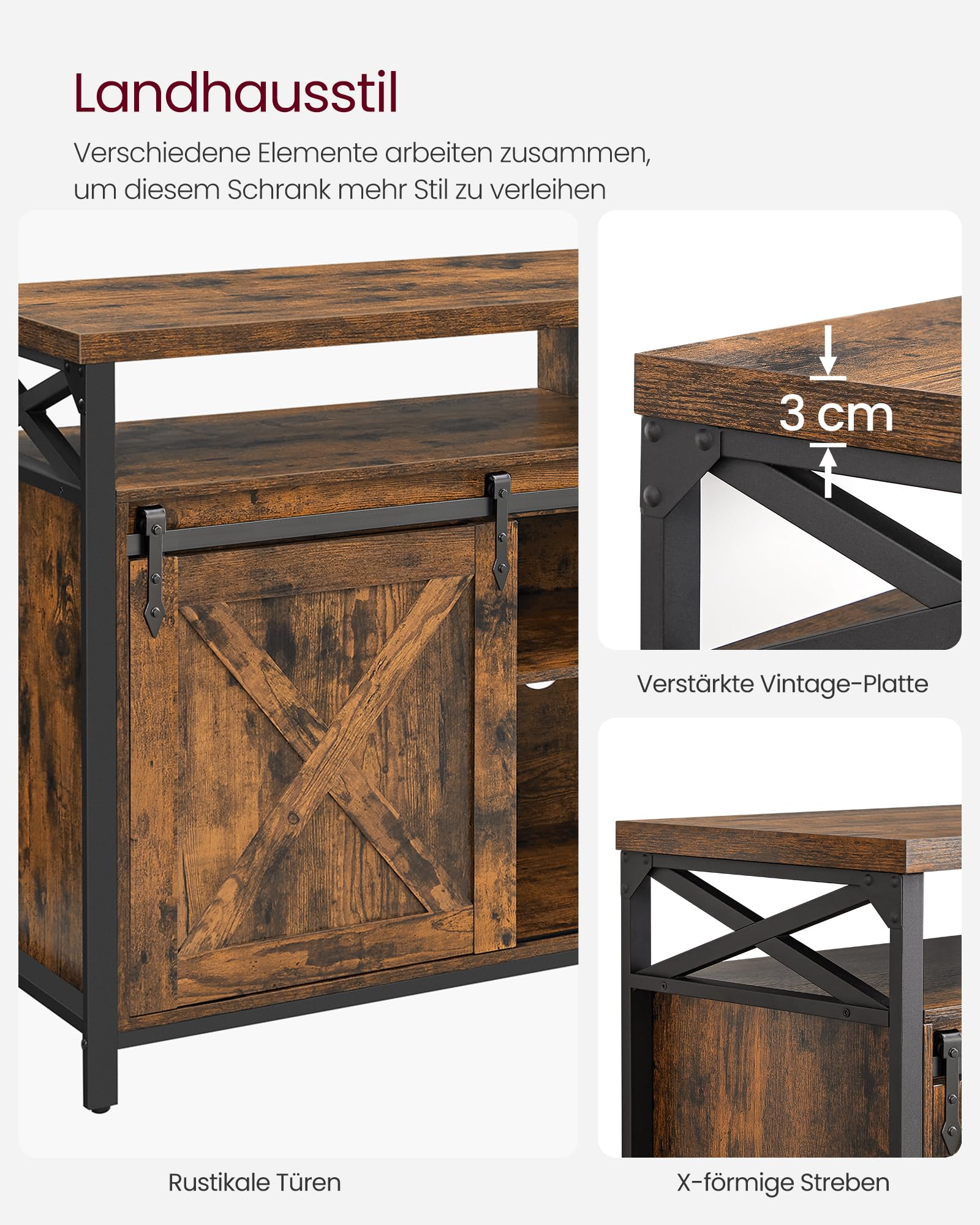 VASAGLE TV-Schrank, Lowboard für Fernseher bis zu 65 Zoll, mit verstellbaren Ablagen, rustikale Tür, Landhausstil, Metallgestell, vintagebraun-schwarz LTV071B01