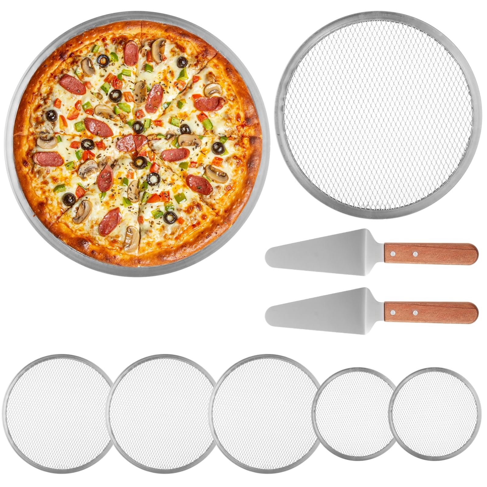 PONDON Set di schermi per pizza da 10 e 12 pollici, Rete di cottura per pizza in alluminio, Padella a rete professionale per pizza senza cuciture, Strumenti per la produzione di pizza da ristorante di