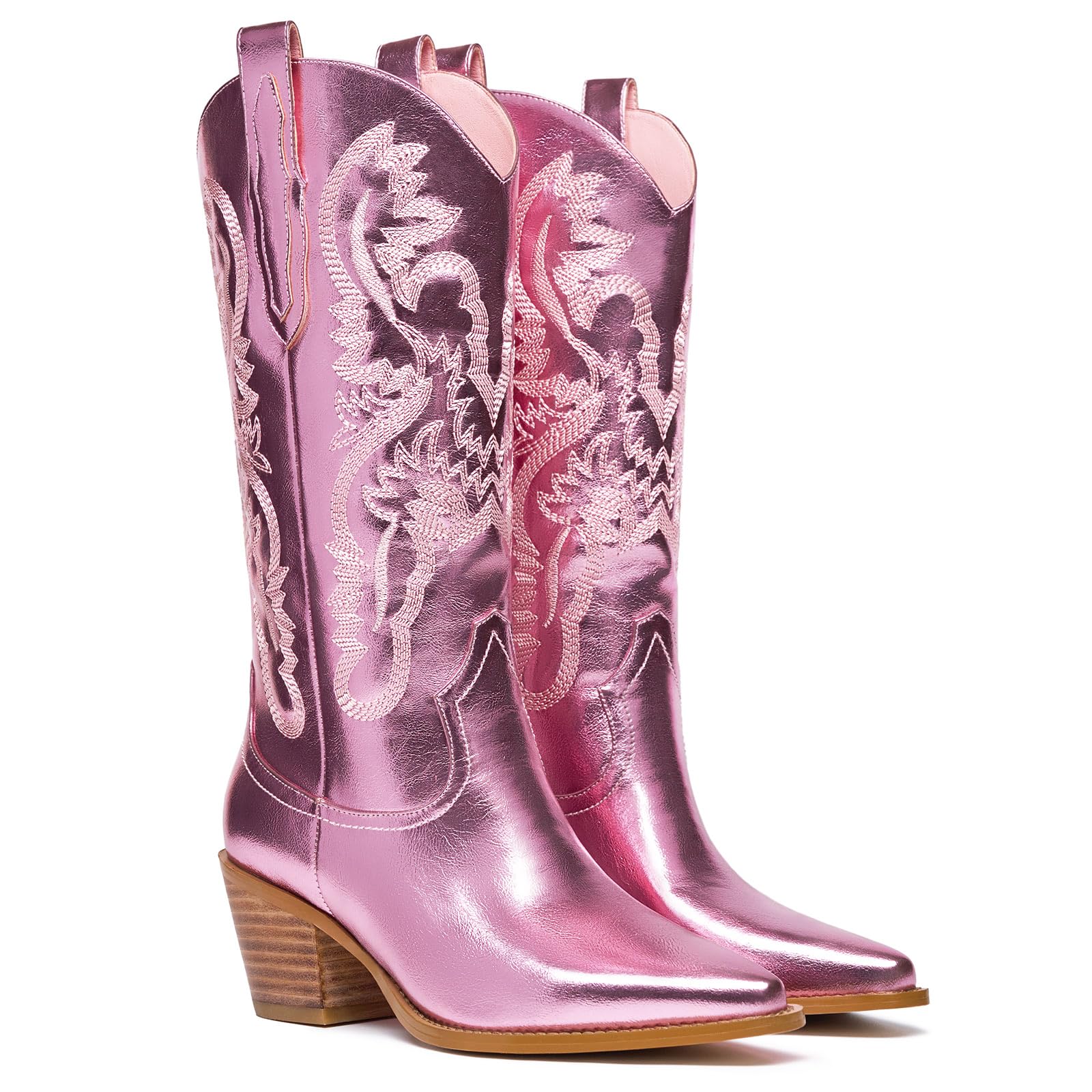 KEEISEA Women's Cowboy Boots Metallic Mid Calf Cowgirl Boots Wide Calf Western Embroidered Sparkly Paty Boots