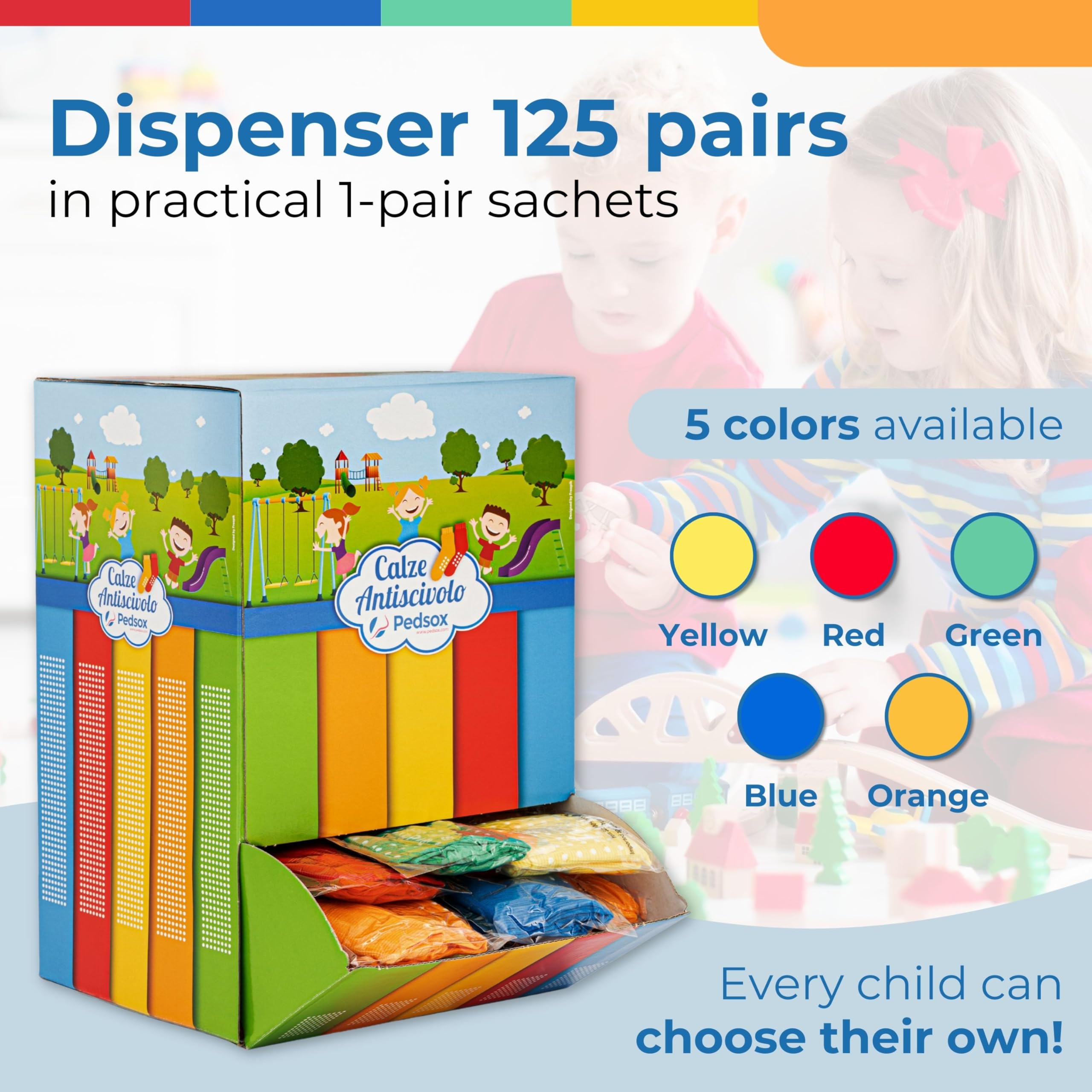 Rutschfeste Einweg-Hygienesocken für Kinder, Schachtel mit 125 Paar Socken, Verpackt in 1-Paar-Säcken, Ideal für Spielplätze, 3–10 Jahre, Einheitsgröße, Farbmischung